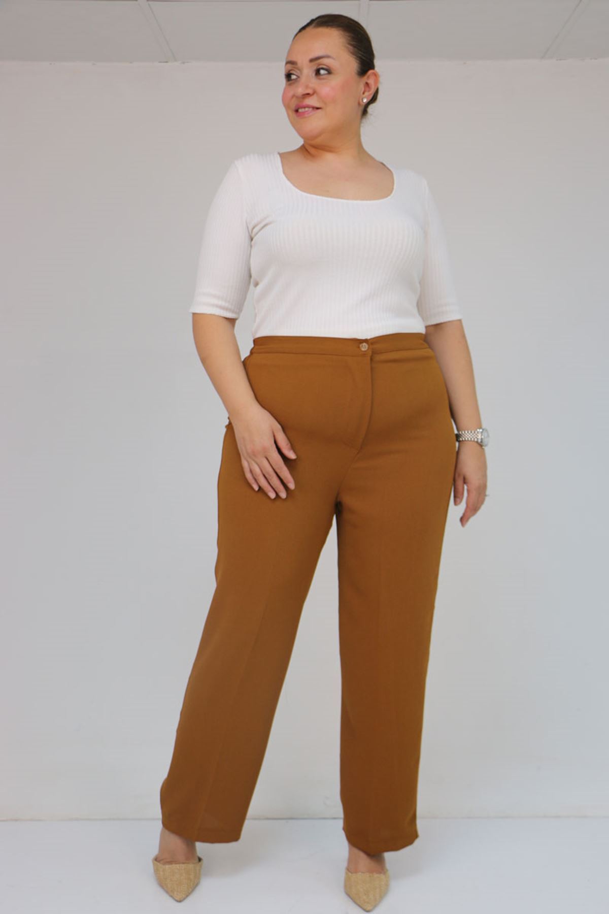 59016 Büyük Beden Beli Düğmeli Krep Pantolon - Hardal