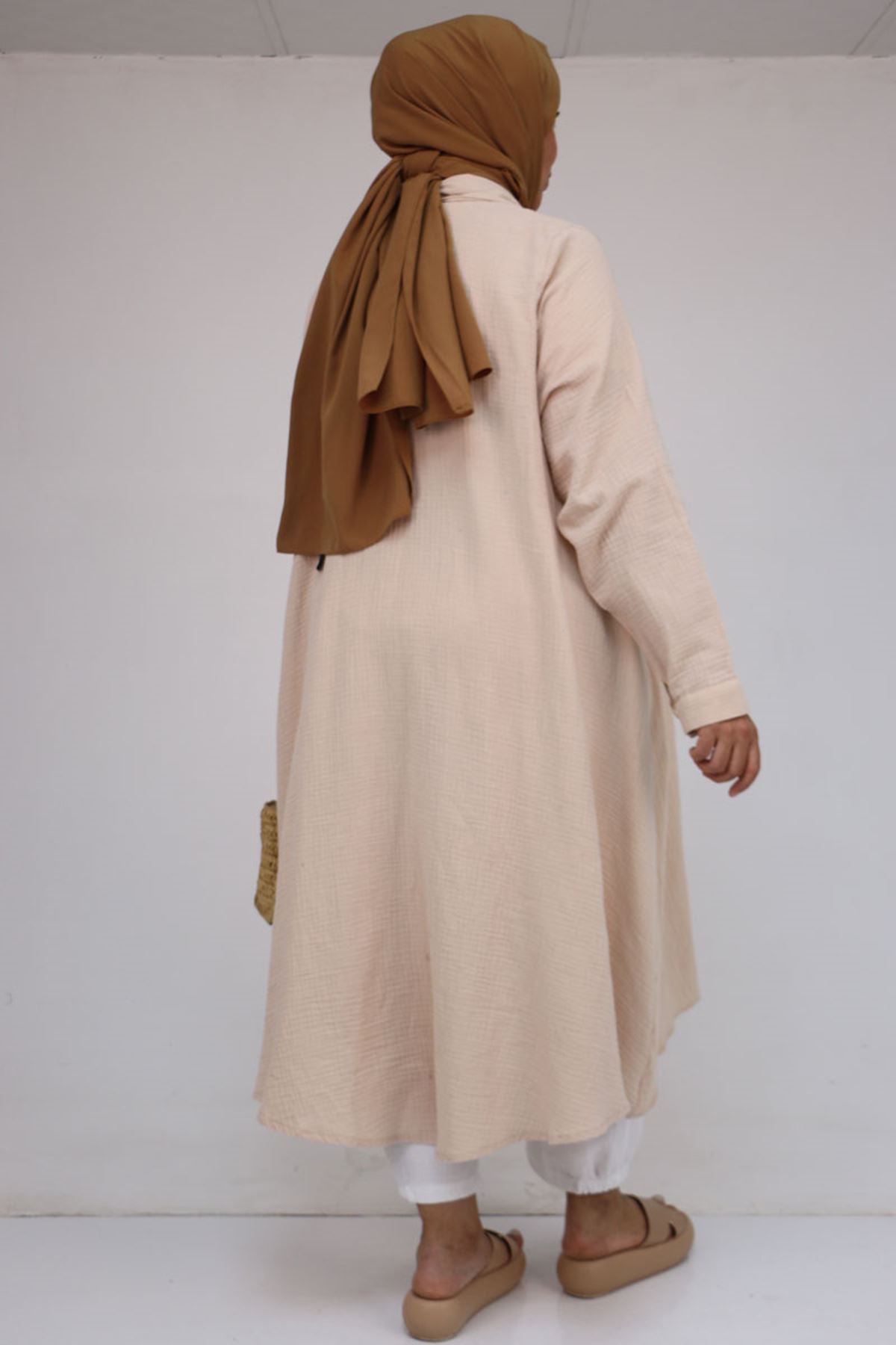 58093 Büyük Beden Mevlana Kesim Müslin Gömlek - Bej