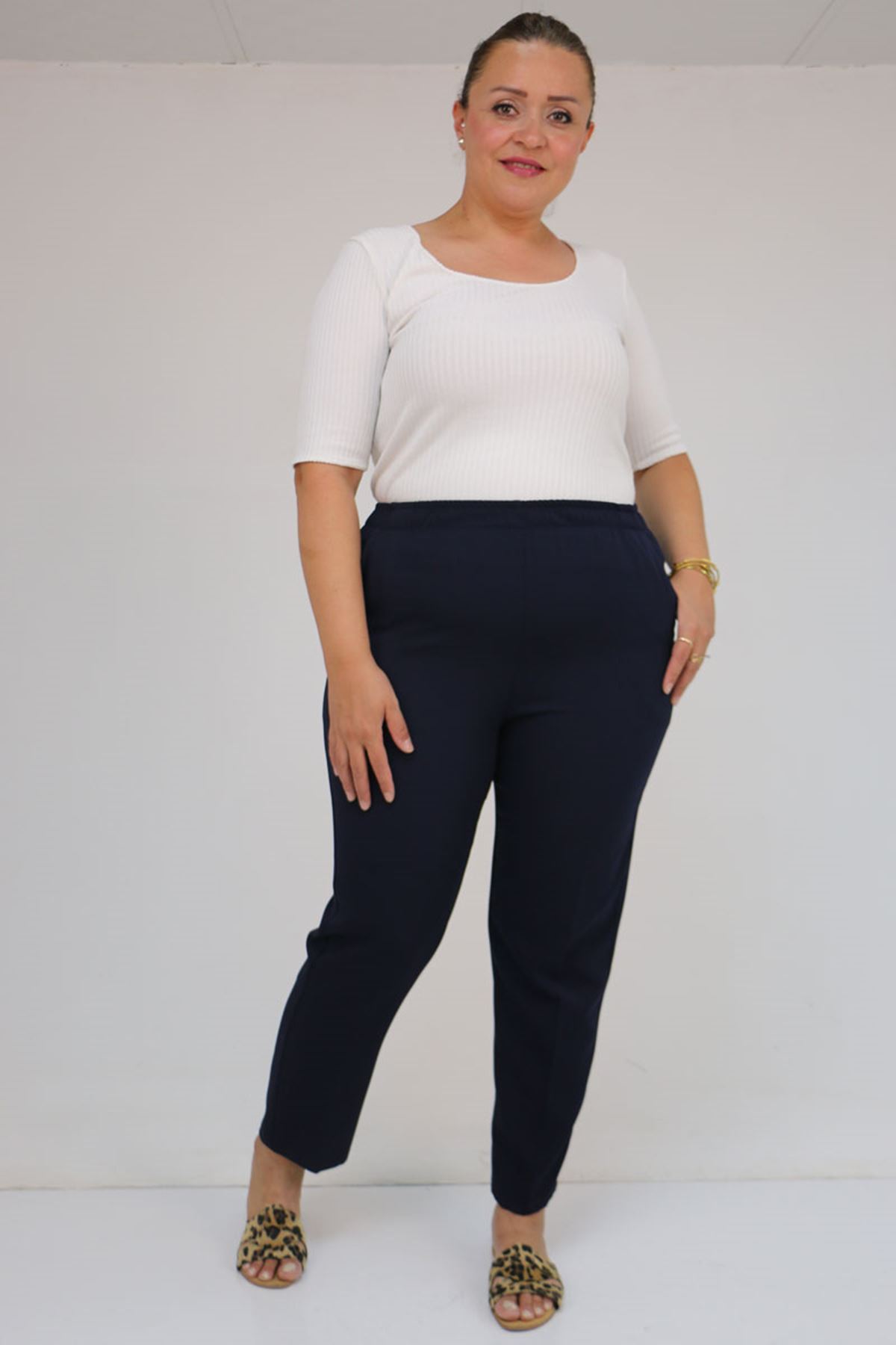 59018 Büyük Beden Boru Paça Double Kumaş Pantolon - Lacivert