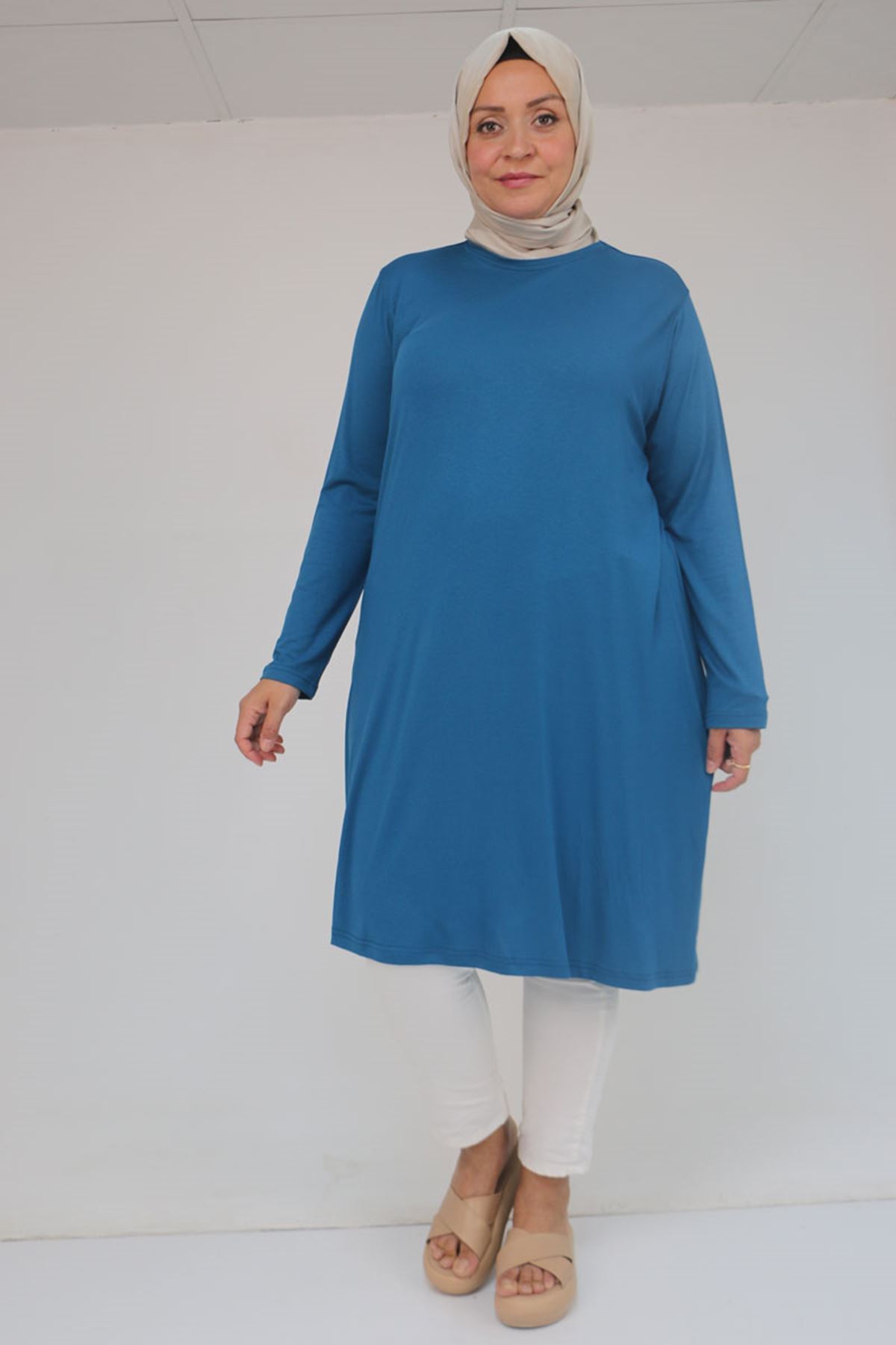 38501 Büyük Beden Basic Penye Tunik -Petrol