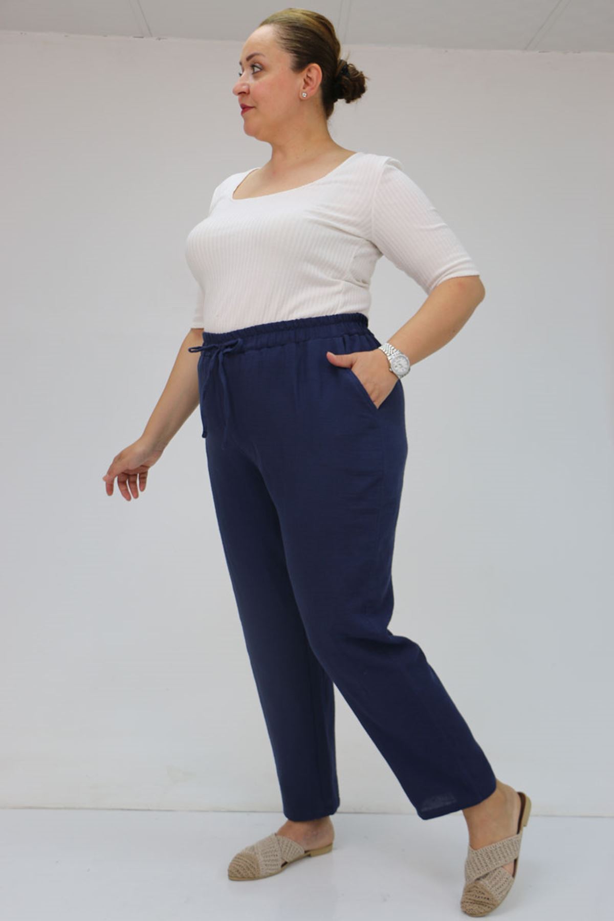59020 Büyük Beden Beli Lastikli Müslin Dar Paça Pantolon - Lacivert