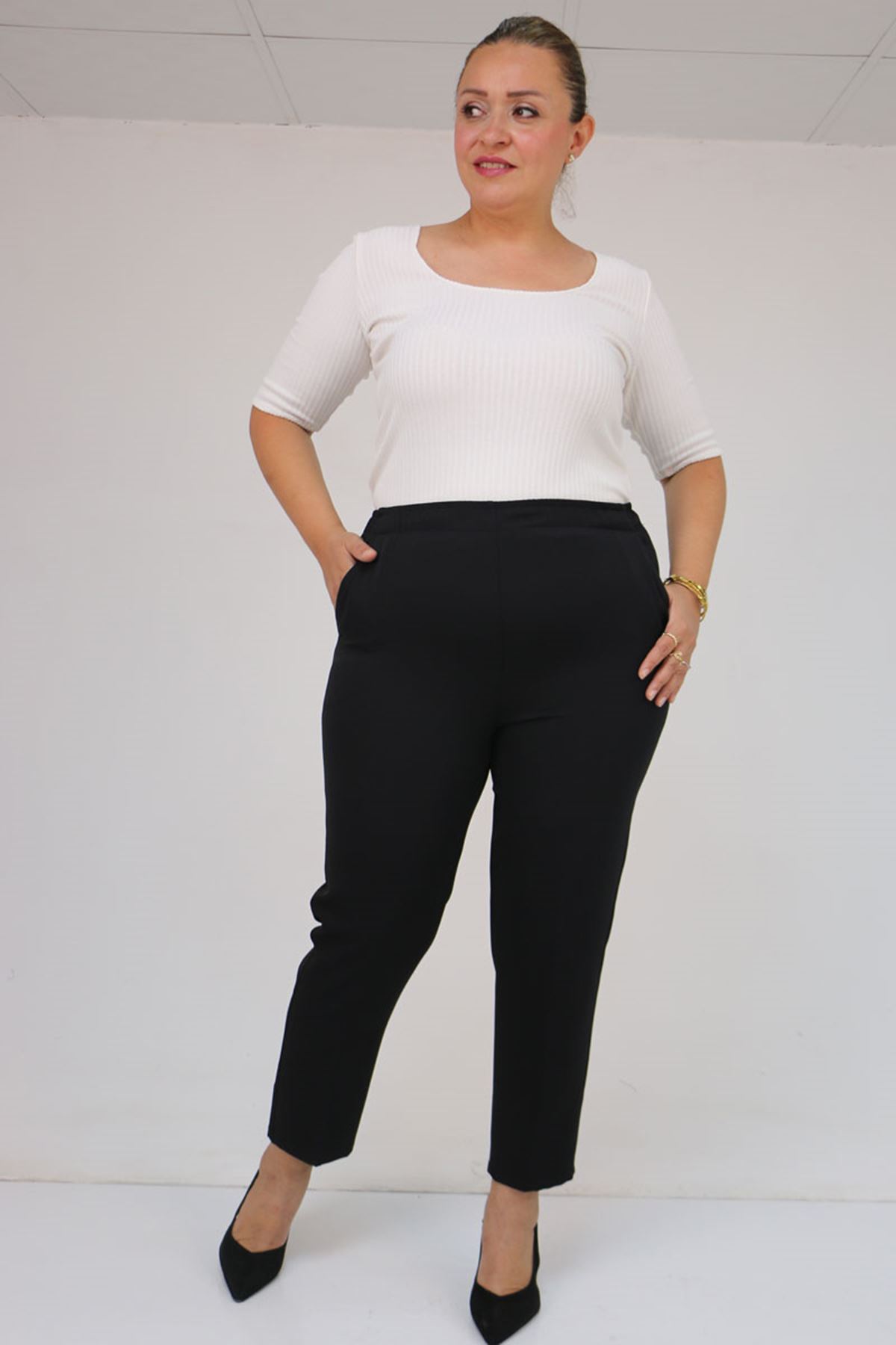 59018 Büyük Beden Boru Paça Double Kumaş Pantolon - Siyah