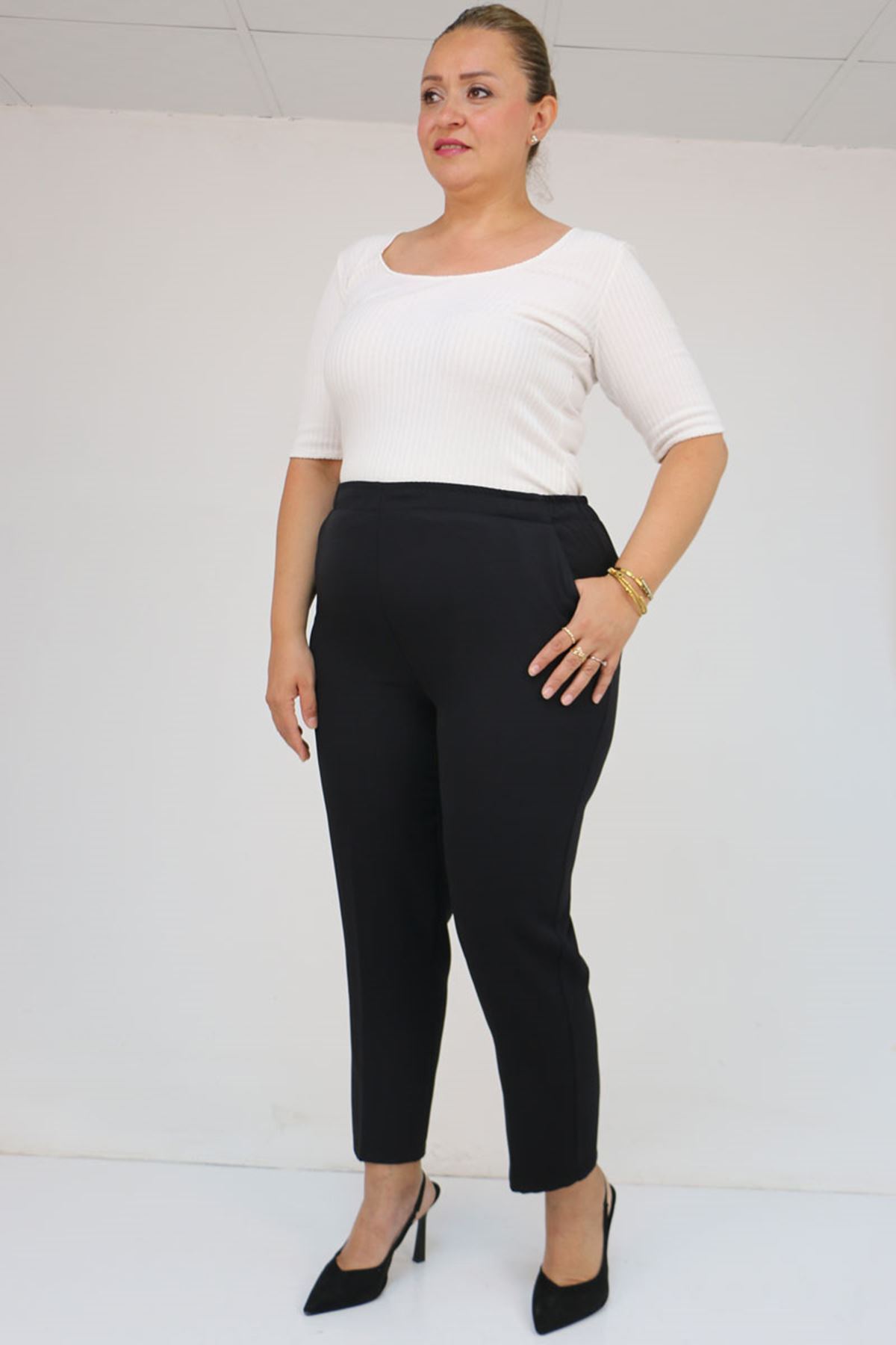 59018 Büyük Beden Boru Paça Double Kumaş Pantolon - Siyah