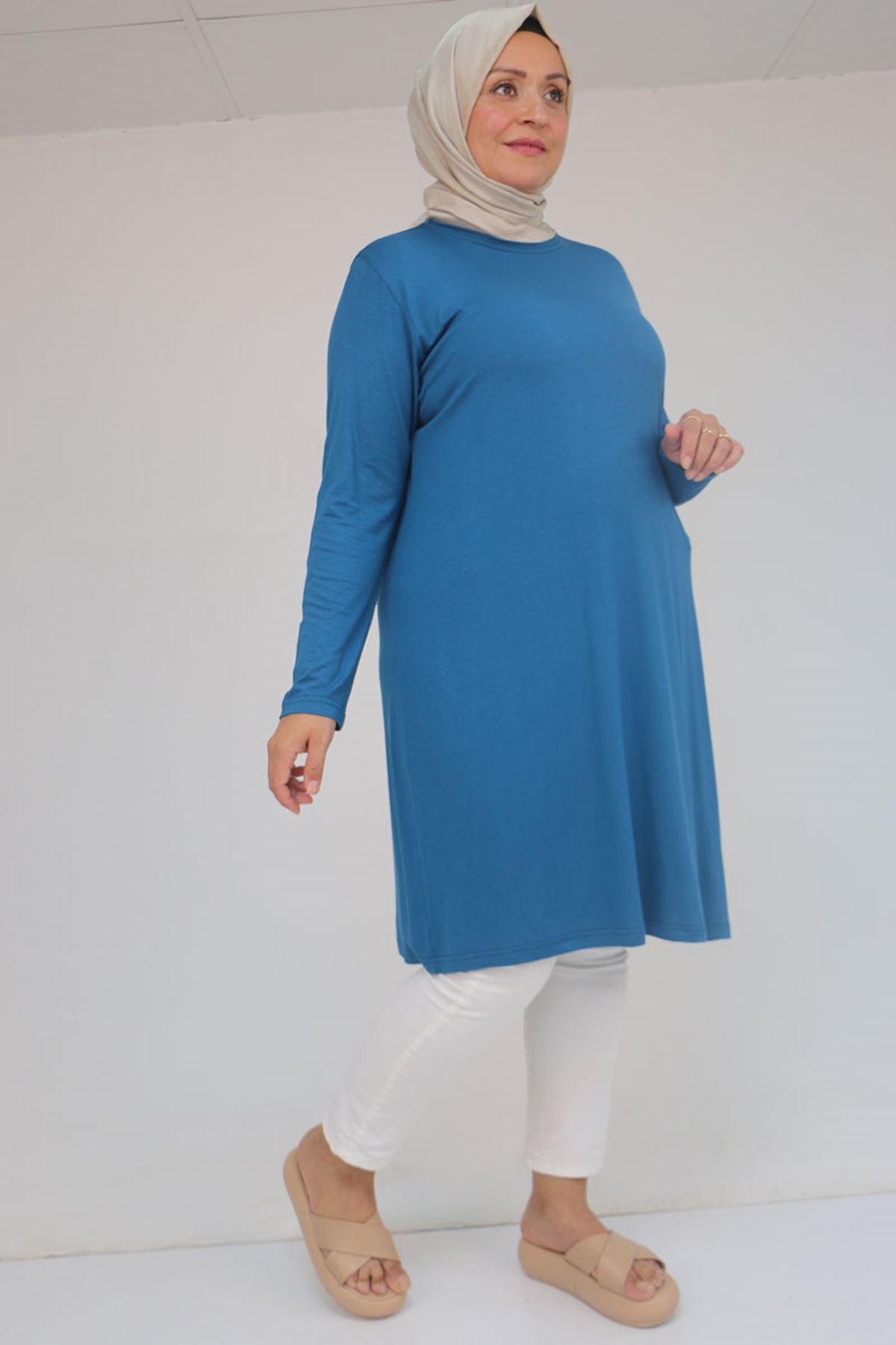 38501 Büyük Beden Basic Penye Tunik -Petrol