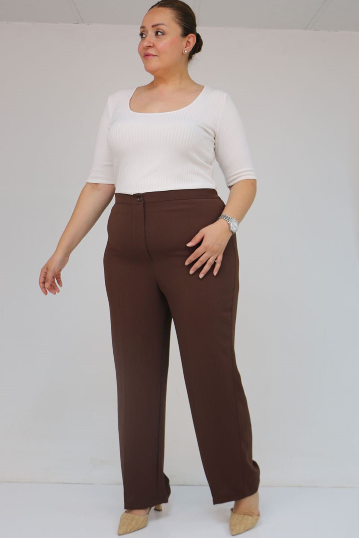 59016 Büyük Beden Beli Düğmeli Krep Pantolon - Kahve