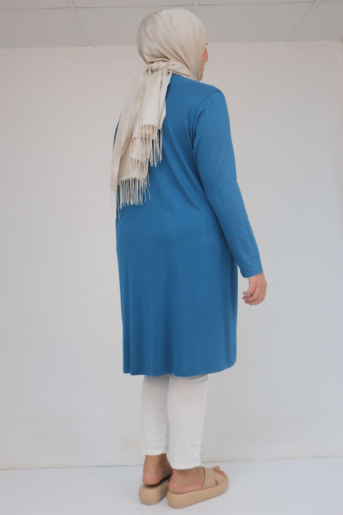 38501 Büyük Beden Basic Penye Tunik -Petrol