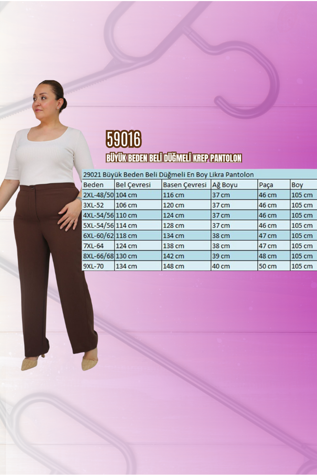 59016 Büyük Beden Beli Düğmeli Krep Pantolon - Kahve