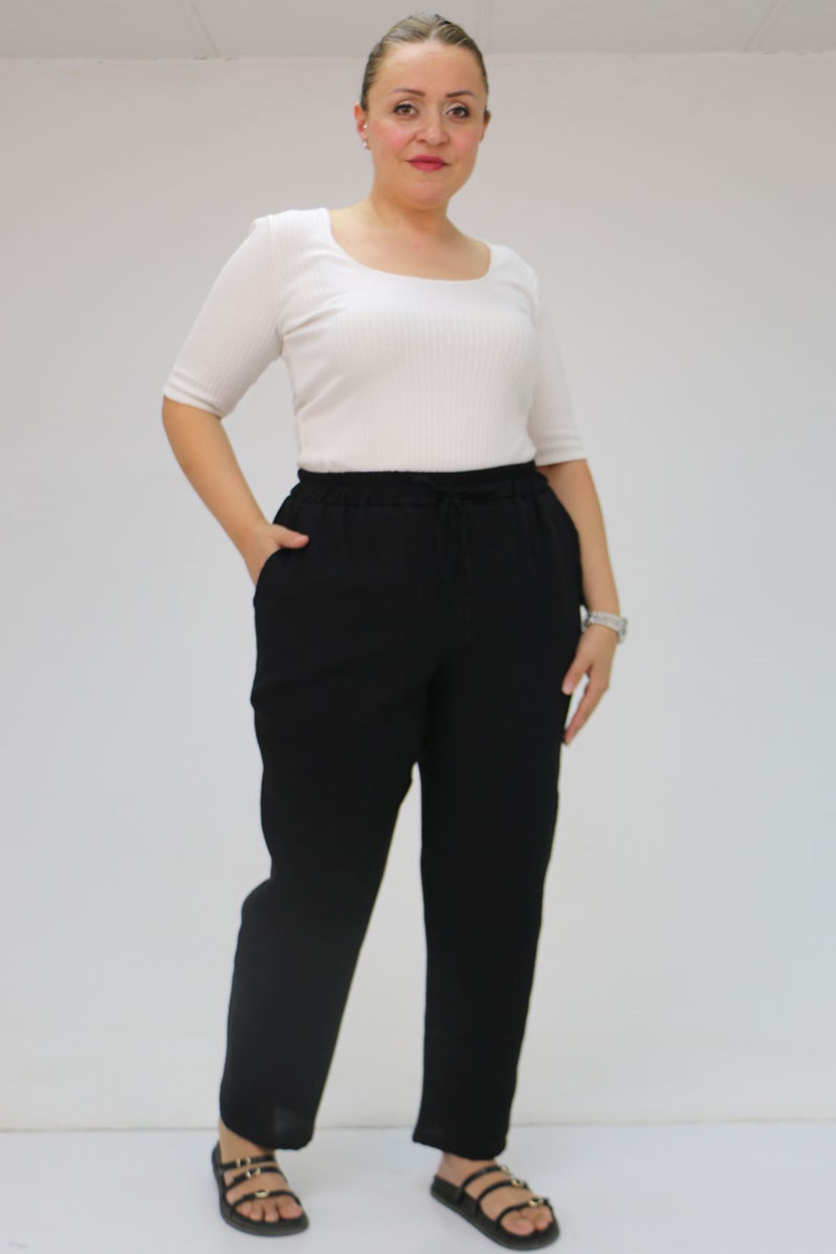 59020 Büyük Beden Beli Lastikli Müslin Dar Paça Pantolon - Siyah