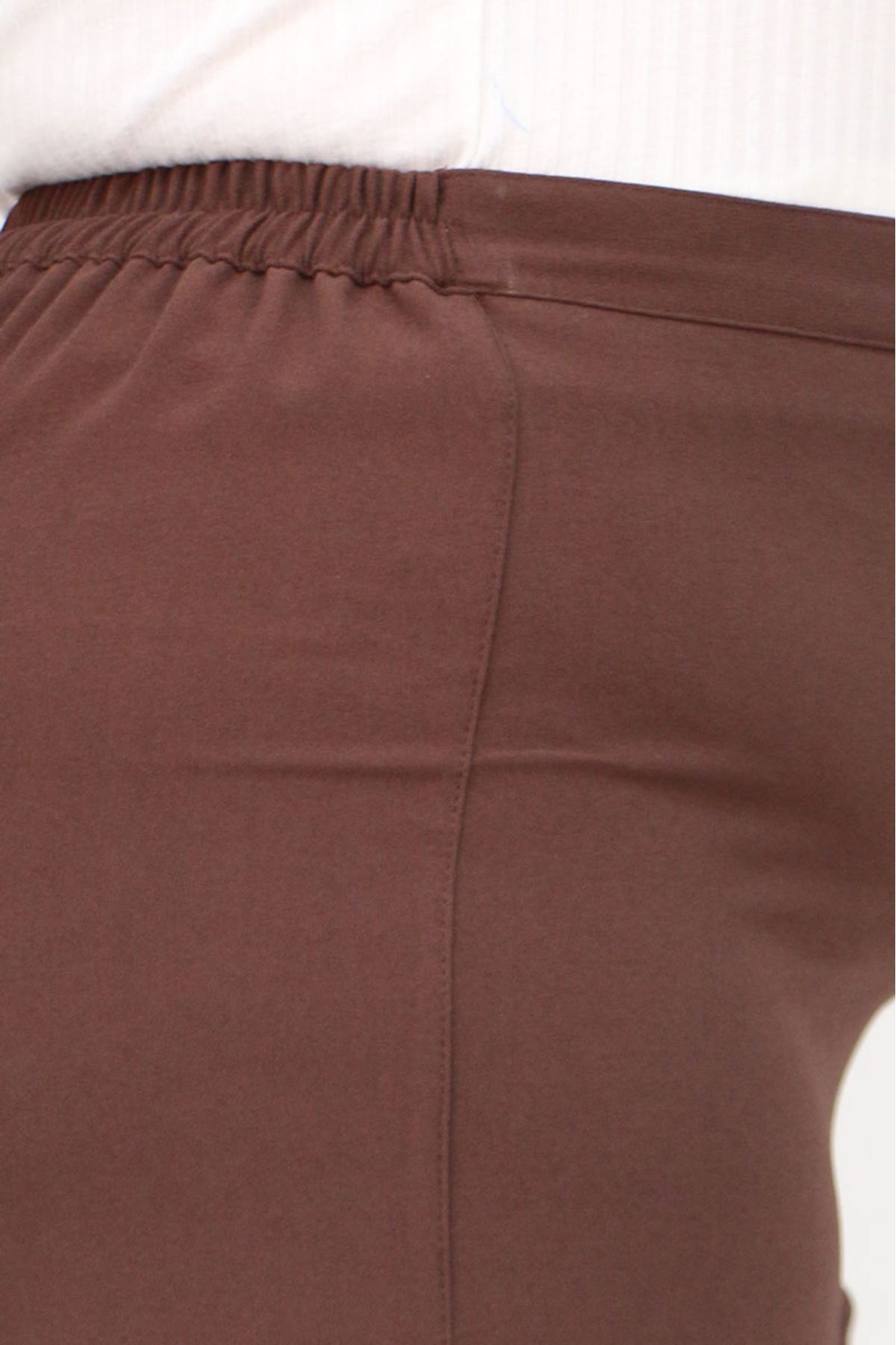 59016 Büyük Beden Beli Düğmeli Krep Pantolon - Kahve