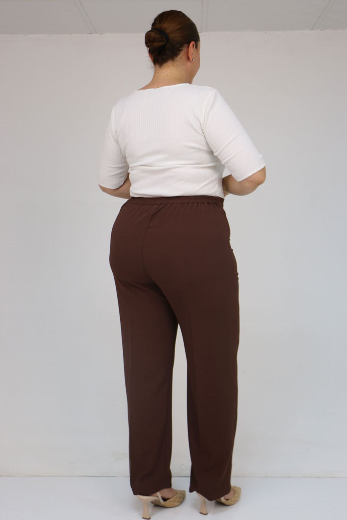 59016 Büyük Beden Beli Düğmeli Krep Pantolon - Kahve
