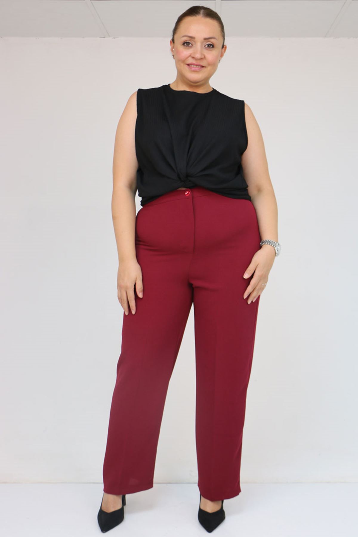 59016 Büyük Beden Beli Düğmeli Krep Pantolon - Bordo