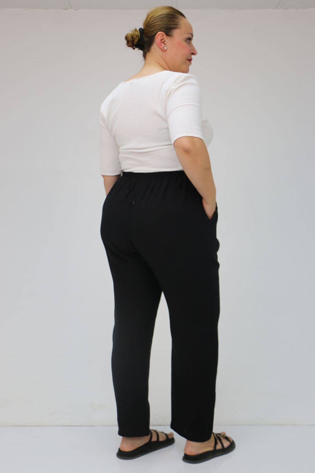 59020 Büyük Beden Beli Lastikli Müslin Dar Paça Pantolon - Siyah