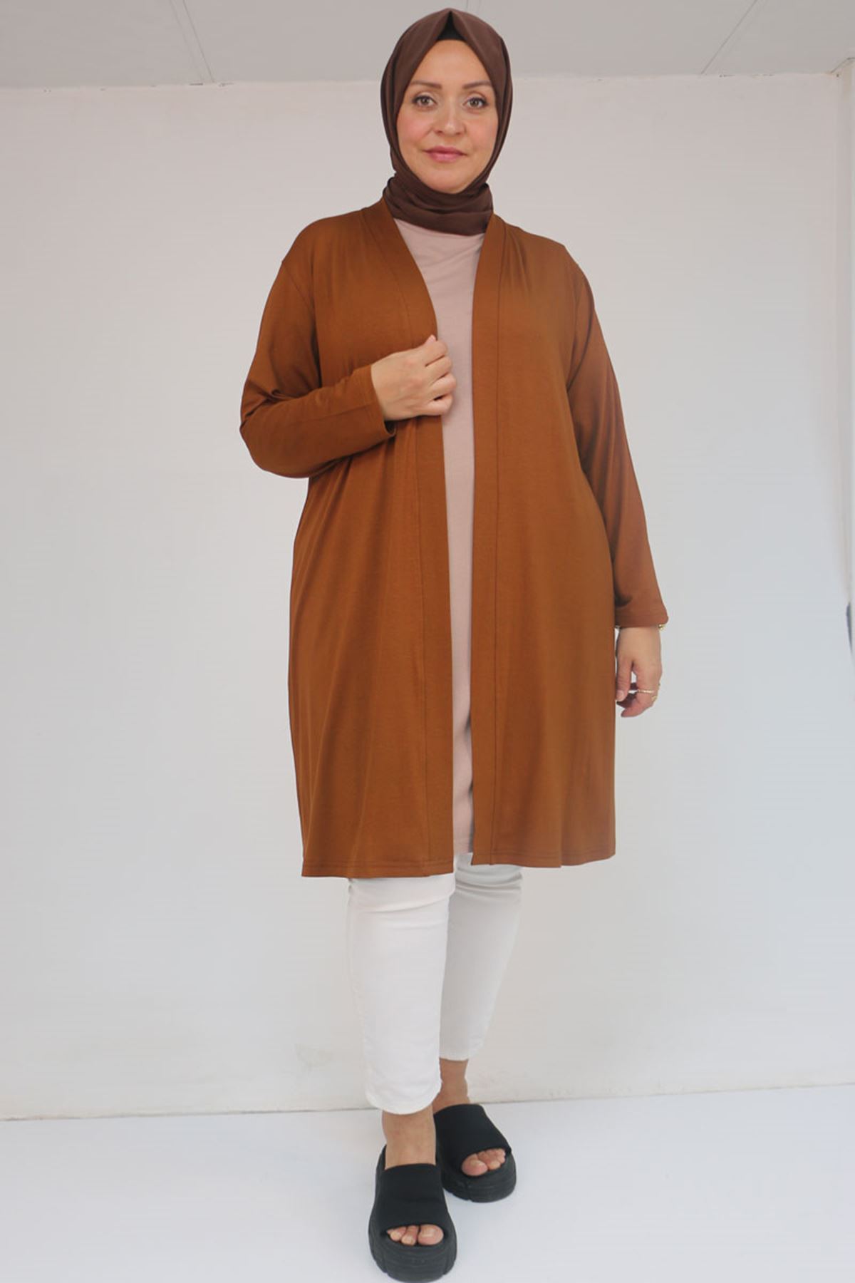 43008 Büyük Beden Penye Ceket - Taba