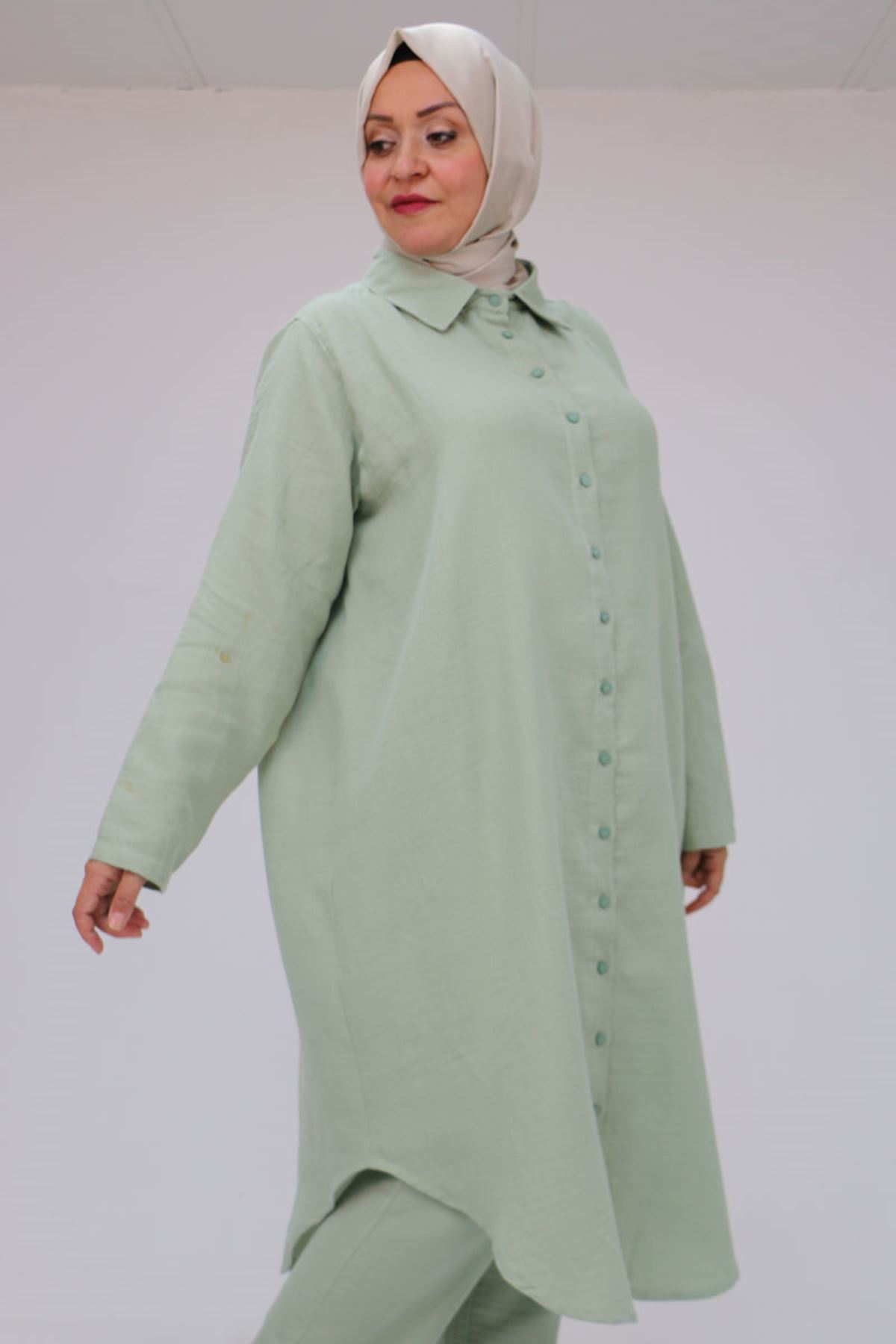 57047  Büyük Beden Müslin Pantolonlu Takım - Nefti