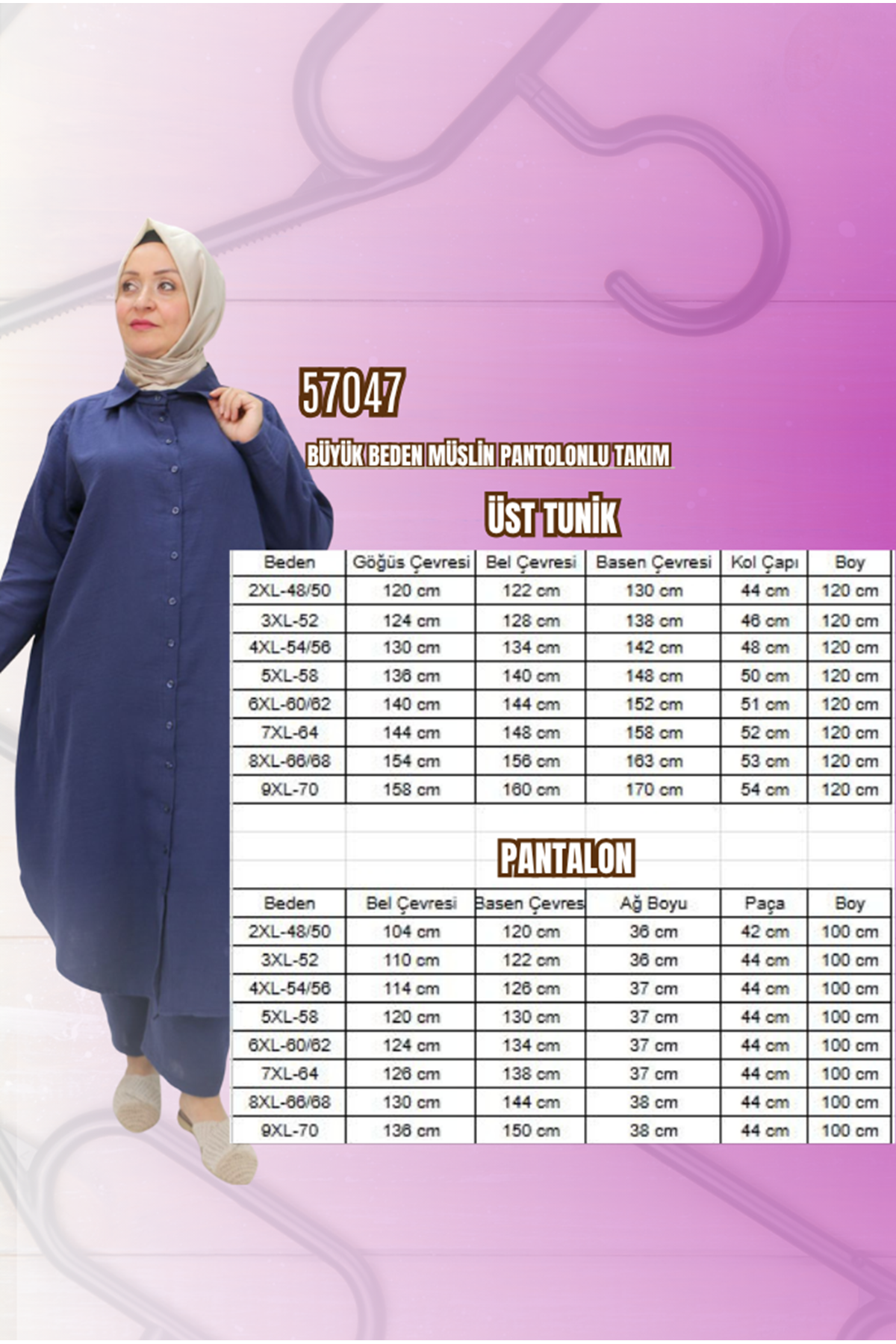 57047  Büyük Beden Müslin Pantolonlu Takım - Nefti