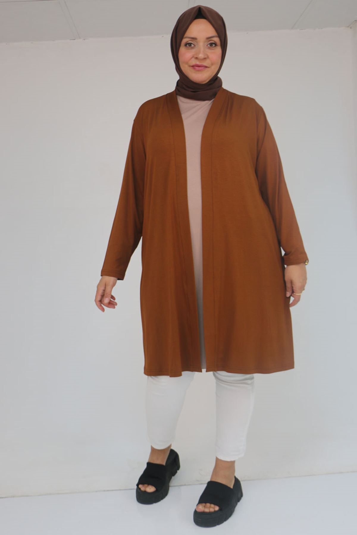 43008 Büyük Beden Penye Ceket - Taba