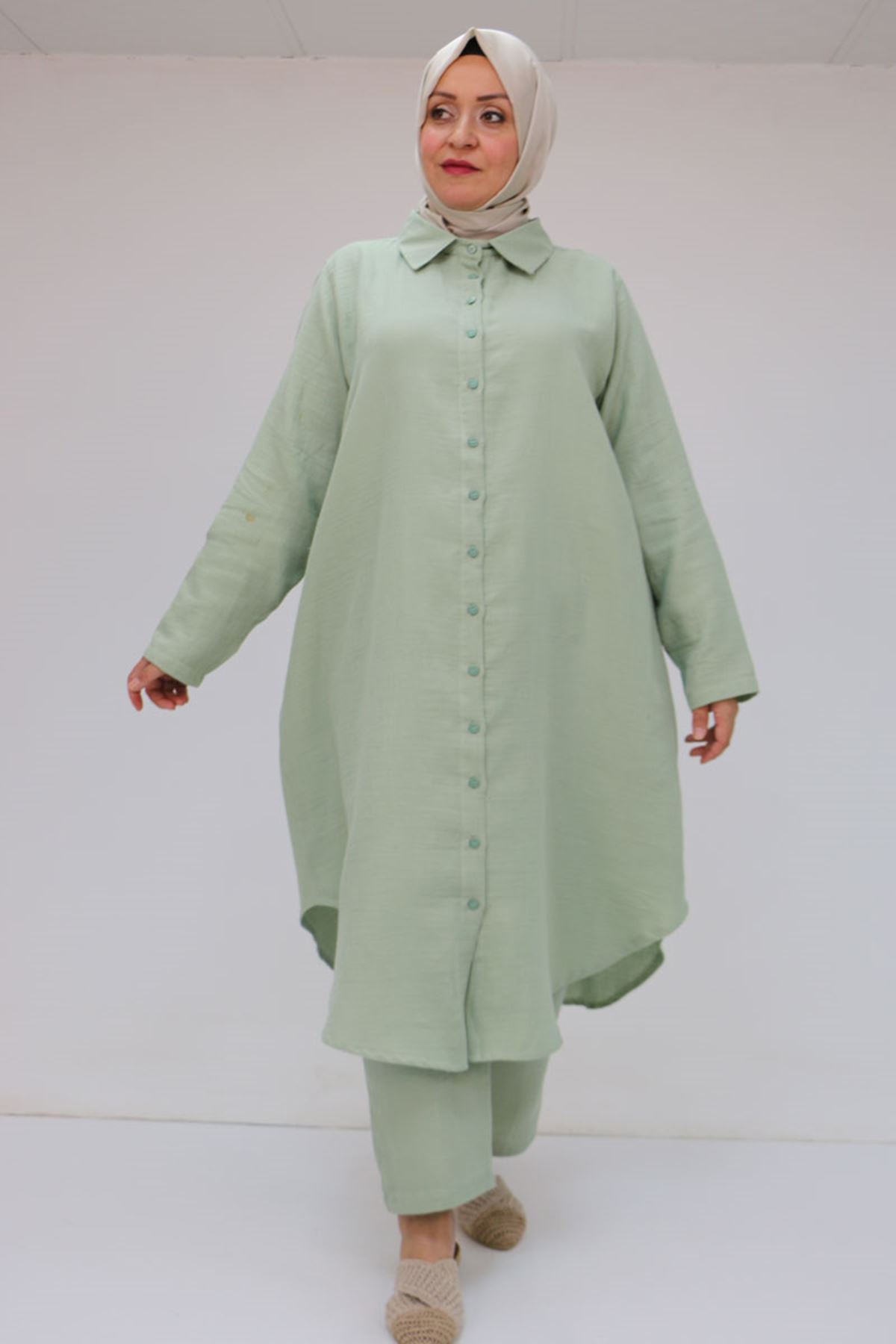 57047  Büyük Beden Müslin Pantolonlu Takım - Nefti