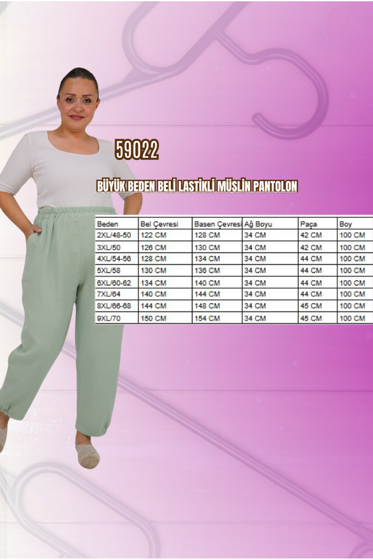 59022 Büyük Beden Paçası Yarım Lastikli Müslin Pantolon - Nefti
