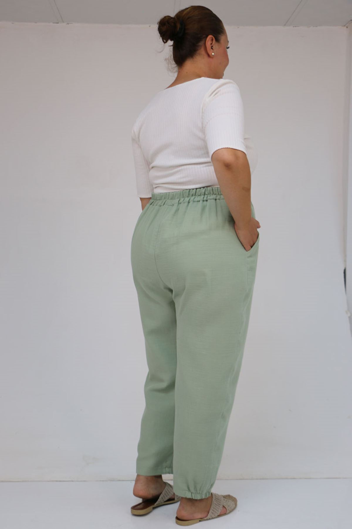59022 Büyük Beden Paçası Yarım Lastikli Müslin Pantolon - Nefti
