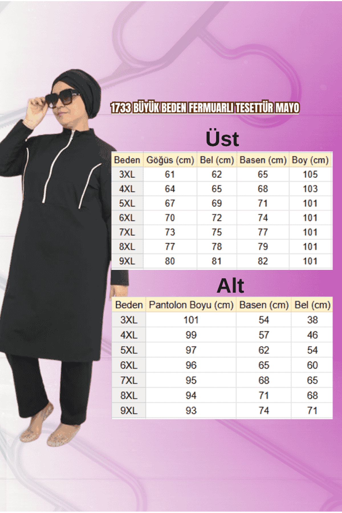 1733 Büyük Beden Fermuarlı Tesettür Mayo - Karışık Desen Mavi