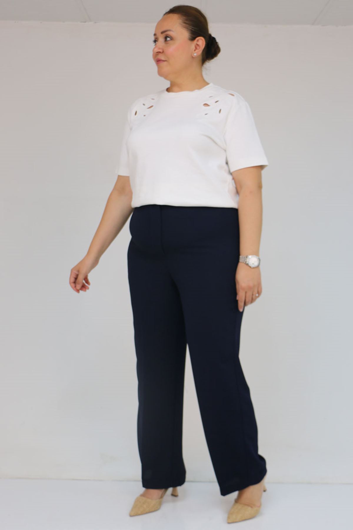 59016 Büyük Beden Beli Düğmeli Krep Pantolon - Lacivert