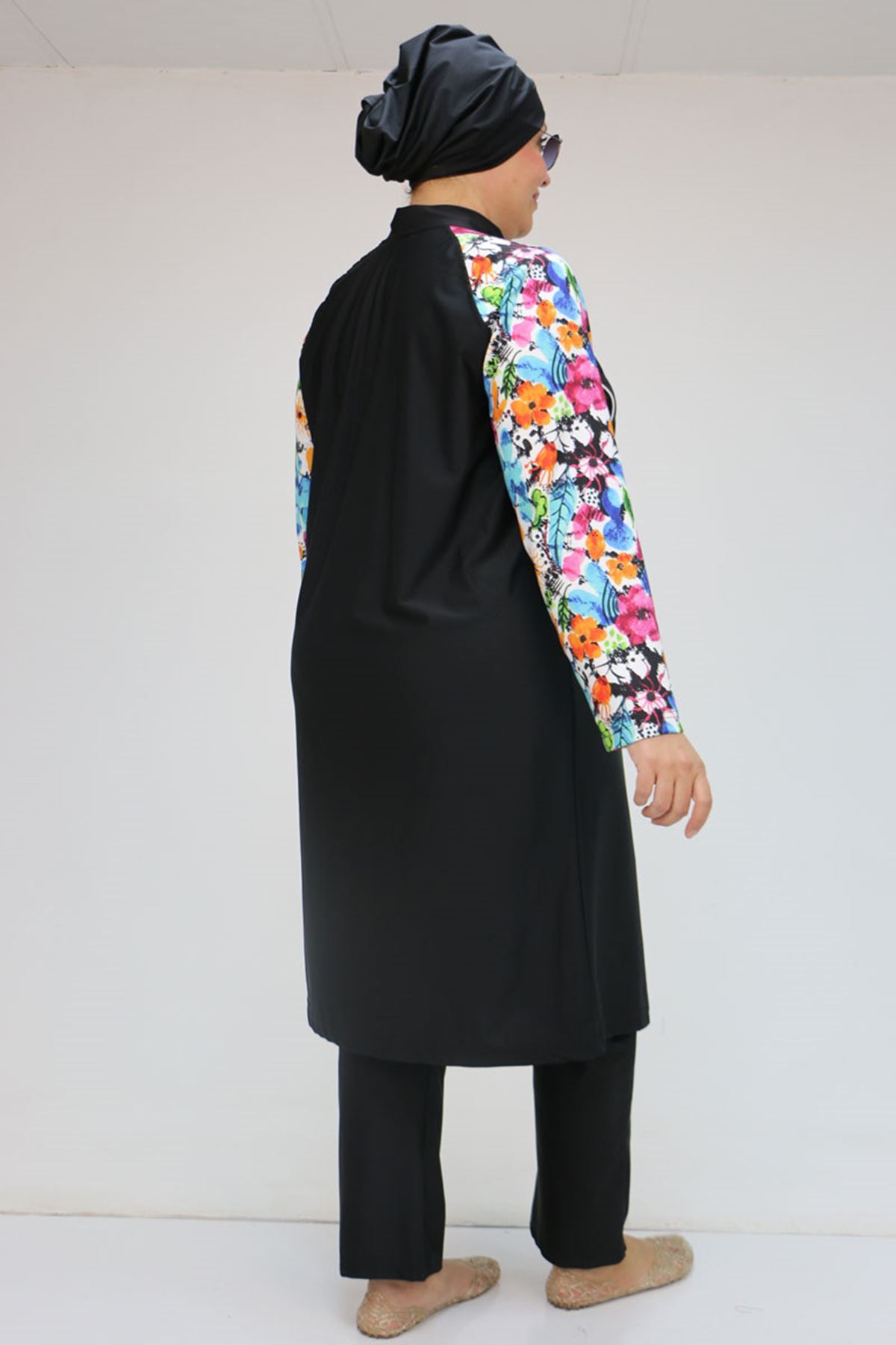 1733 Büyük Beden Fermuarlı Tesettür Mayo - Karışık Desen Mavi