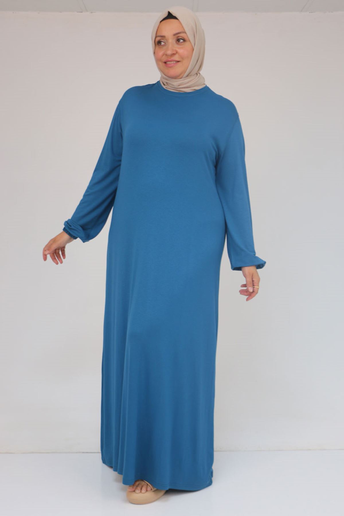 22008 Büyük Beden Kolu Lastikli Elbise - Petrol