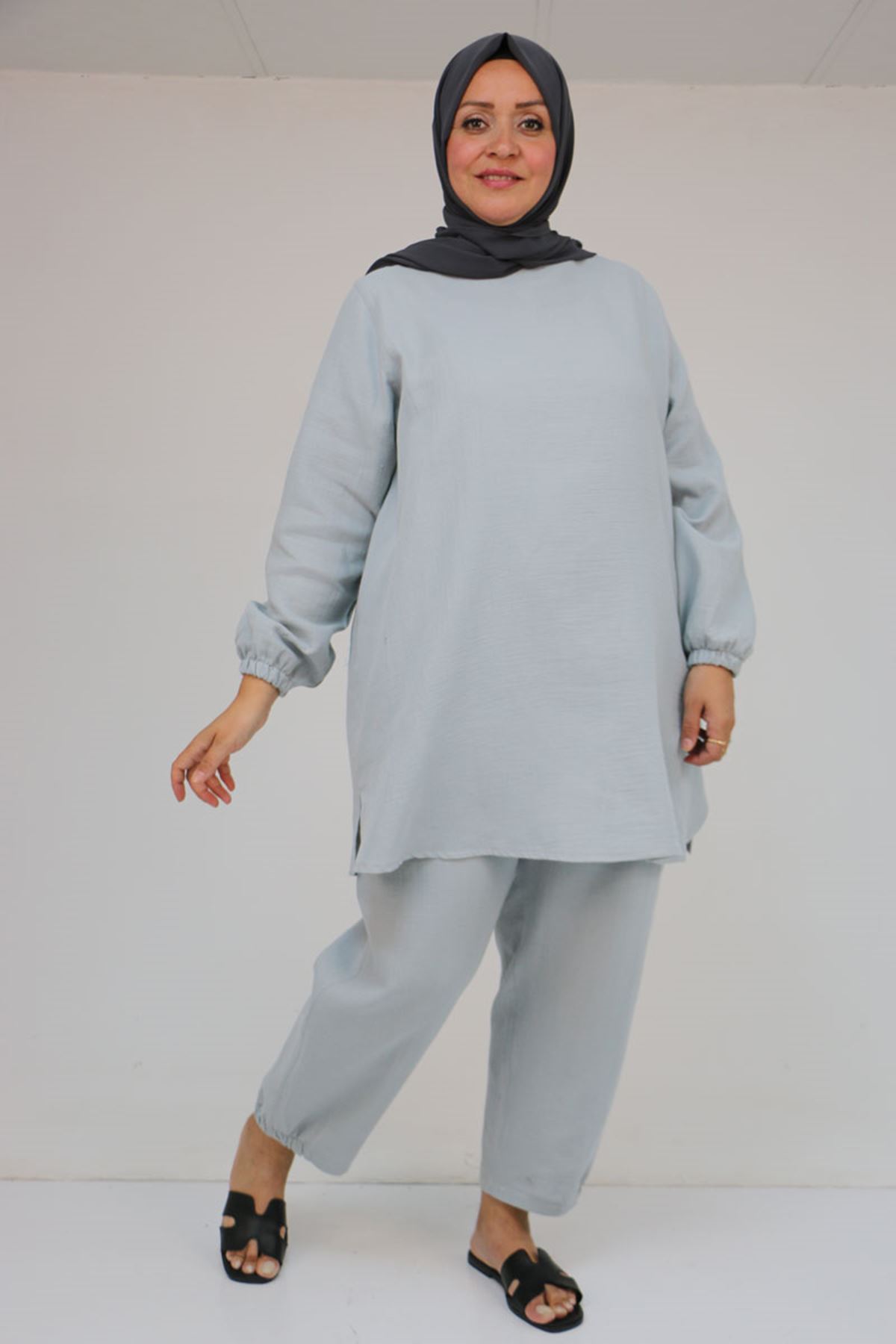 57048 Büyük Beden Kolları Lastikli Müslin Pantolonlu Takım - Gri