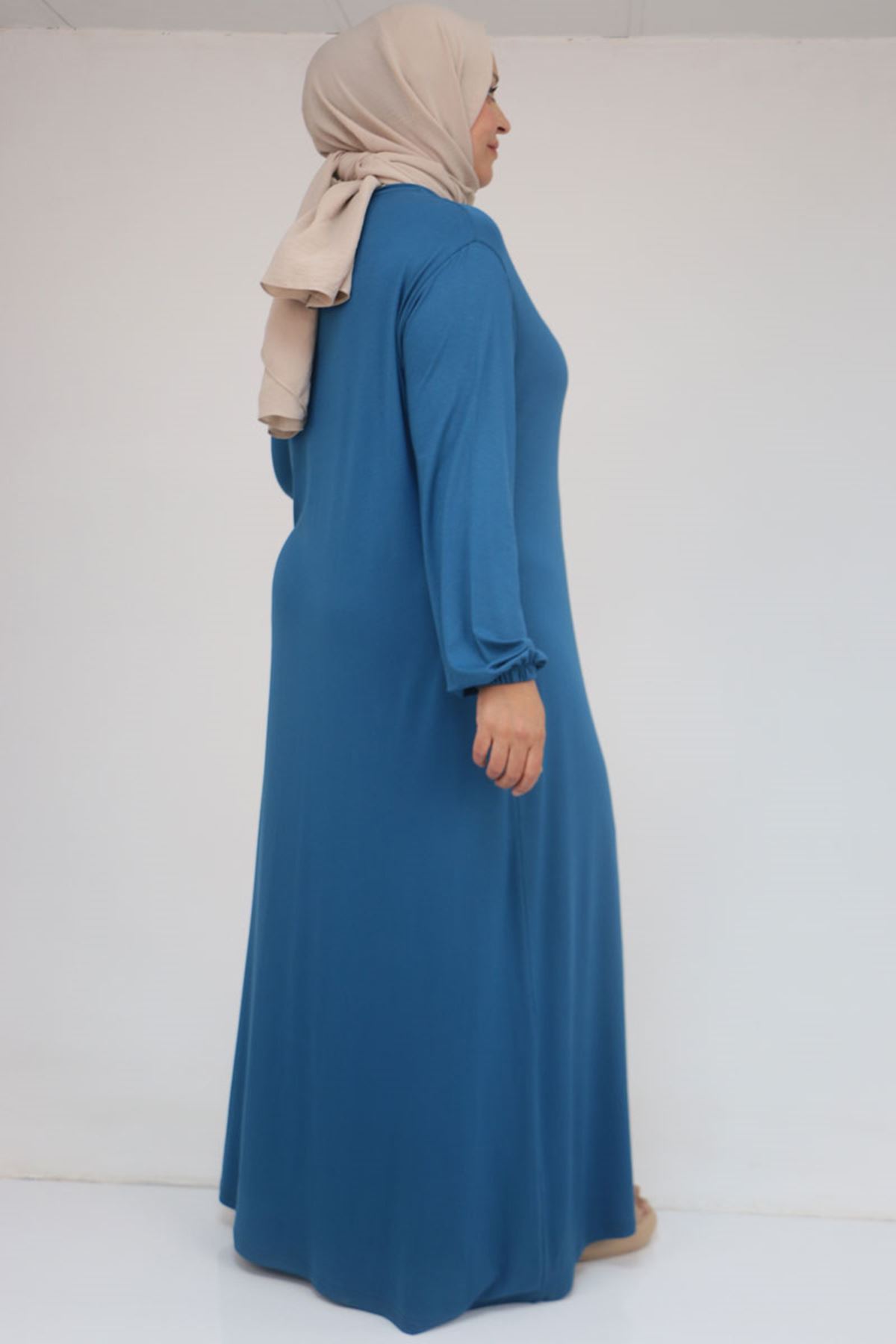 22008 Büyük Beden Kolu Lastikli Elbise - Petrol