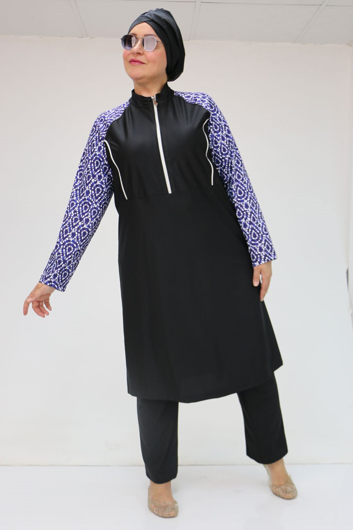 1733 Büyük Beden Fermuarlı Tesettür Mayo - Damla Desen Saks