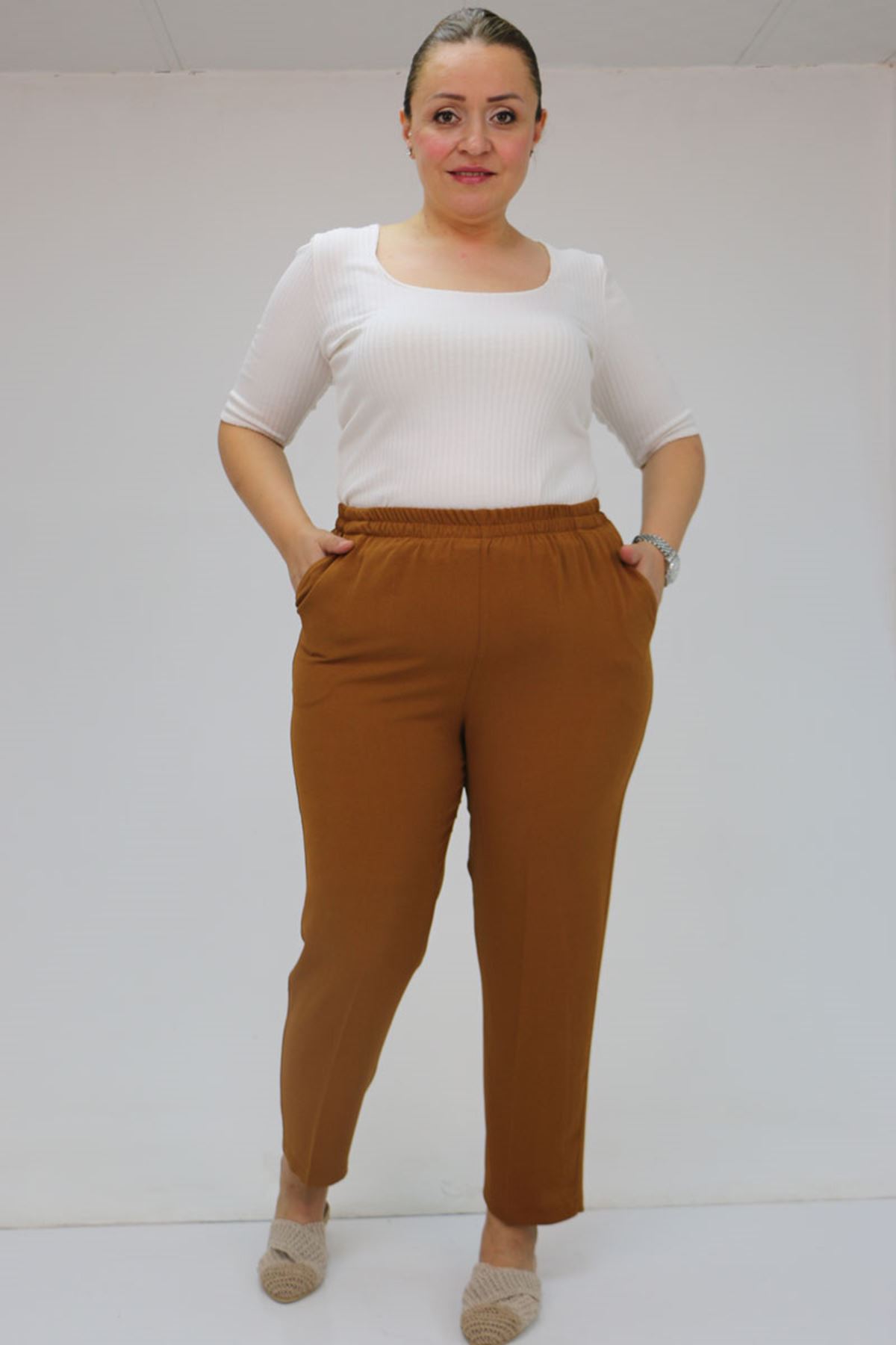 59015 Büyük Beden Borupaça Krep Pantolon - Hardal