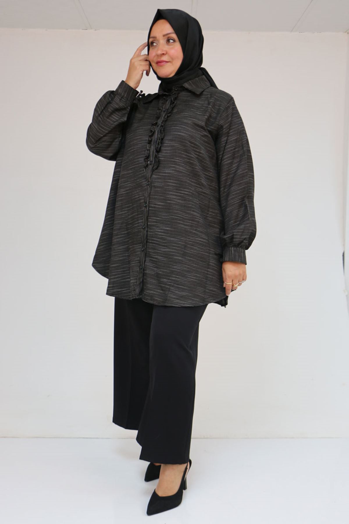 58075 Büyük Beden Önü Fırfır Detaylı Erkek Yaka Gömlek - Siyah Kırçıllı