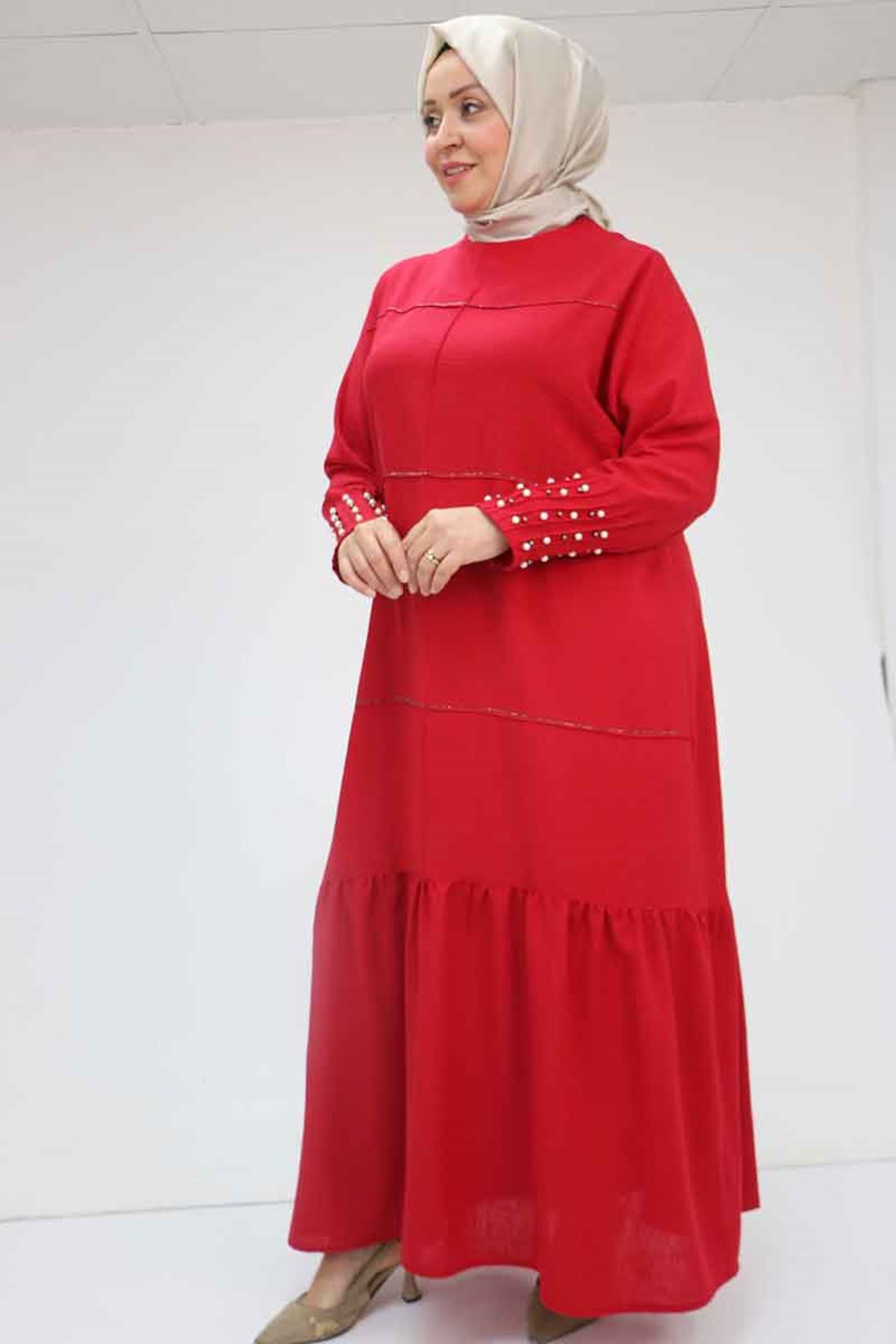 T-52007 Büyük Beden Kolu Pileli Ve Taş Detaylı  Keten Elbise - Bordo