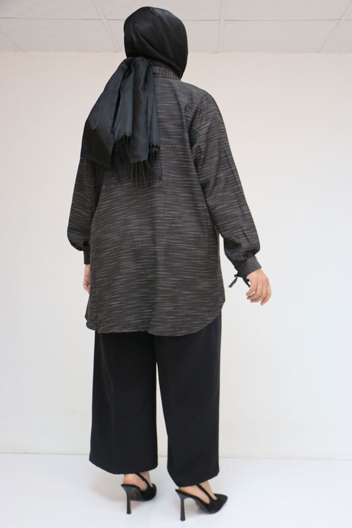 58075 Büyük Beden Önü Fırfır Detaylı Erkek Yaka Gömlek - Siyah Kırçıllı