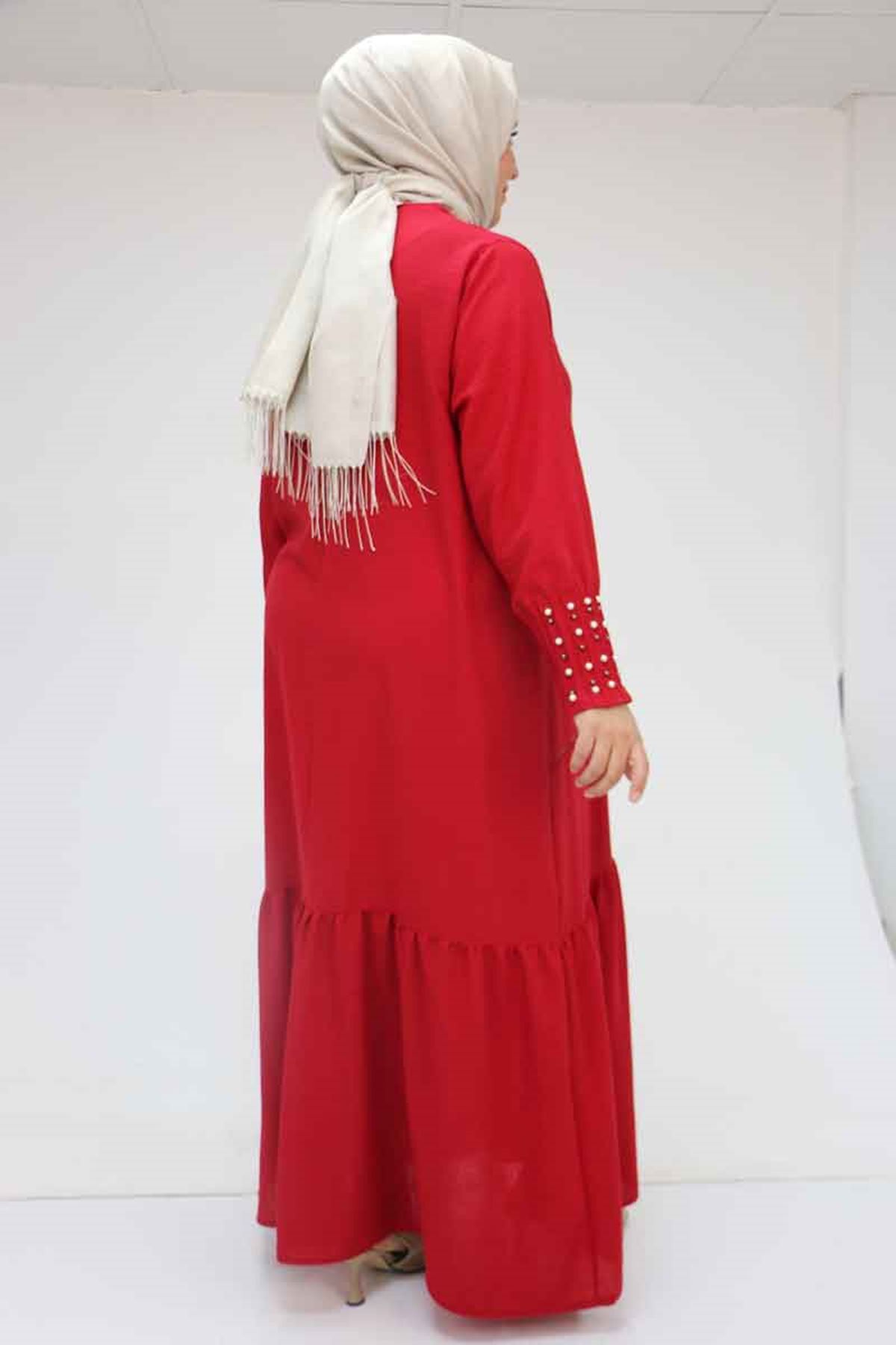 T-52007 Büyük Beden Kolu Pileli Ve Taş Detaylı  Keten Elbise - Bordo