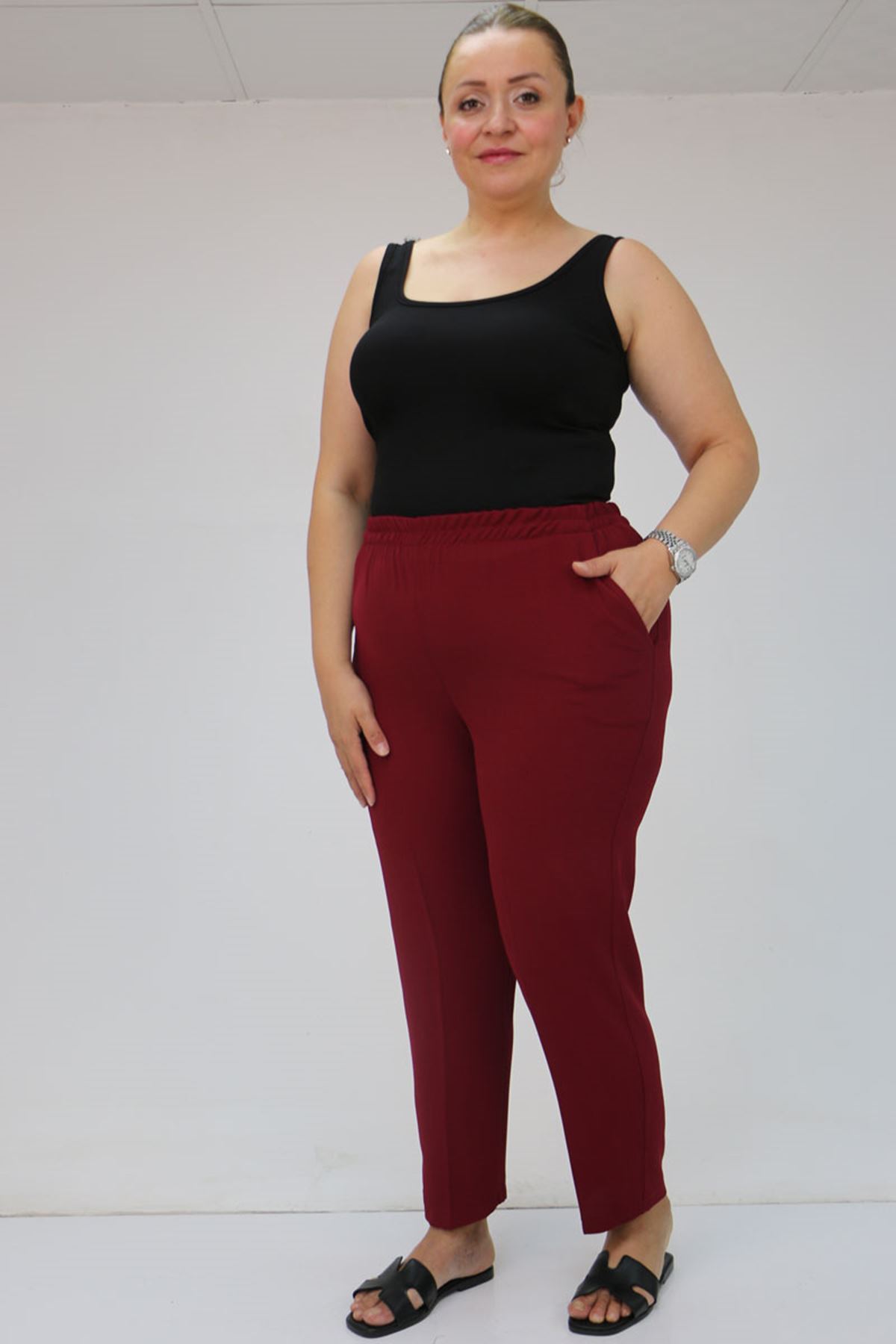 59015 Büyük Beden Borupaça Krep Pantolon - Bordo