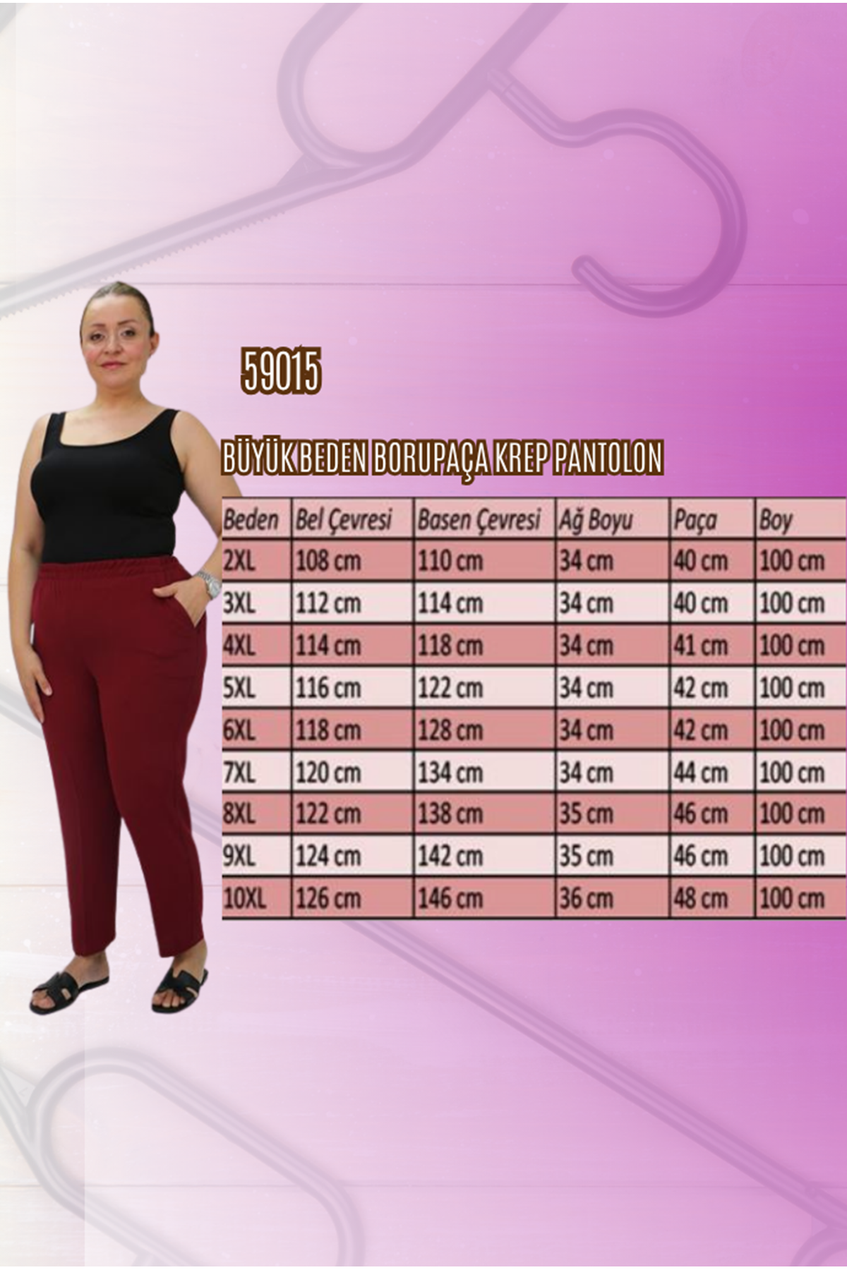 59015 Büyük Beden Borupaça Krep Pantolon - Bordo