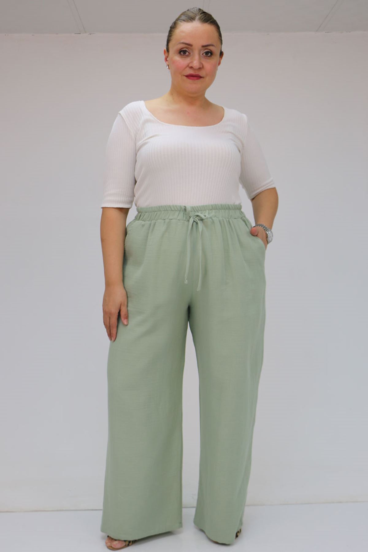 59021 Büyük Beden Beli Lastikli Müslin Bol Paça Pantolon - Nefti
