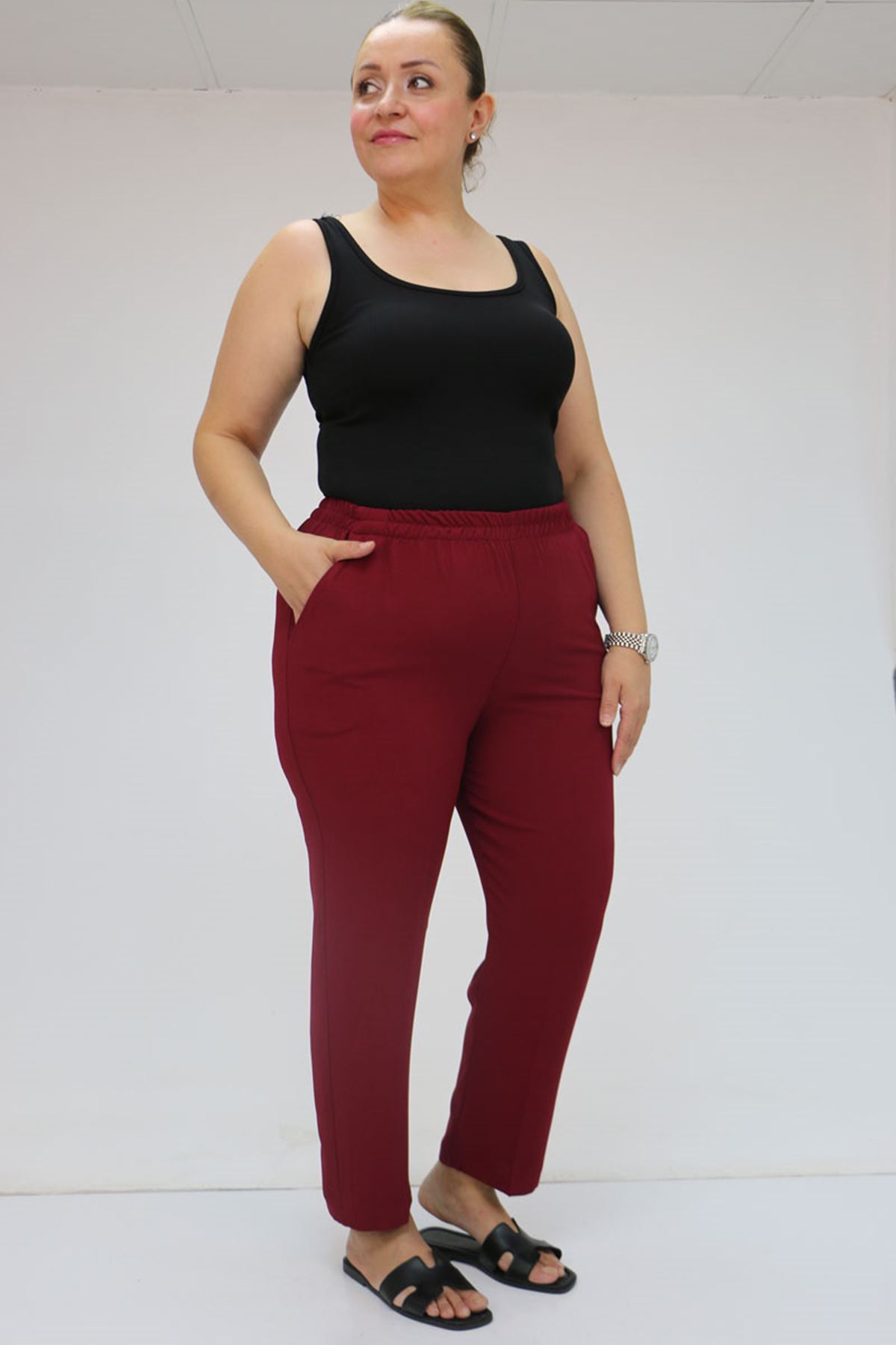 59015 Büyük Beden Borupaça Krep Pantolon - Bordo