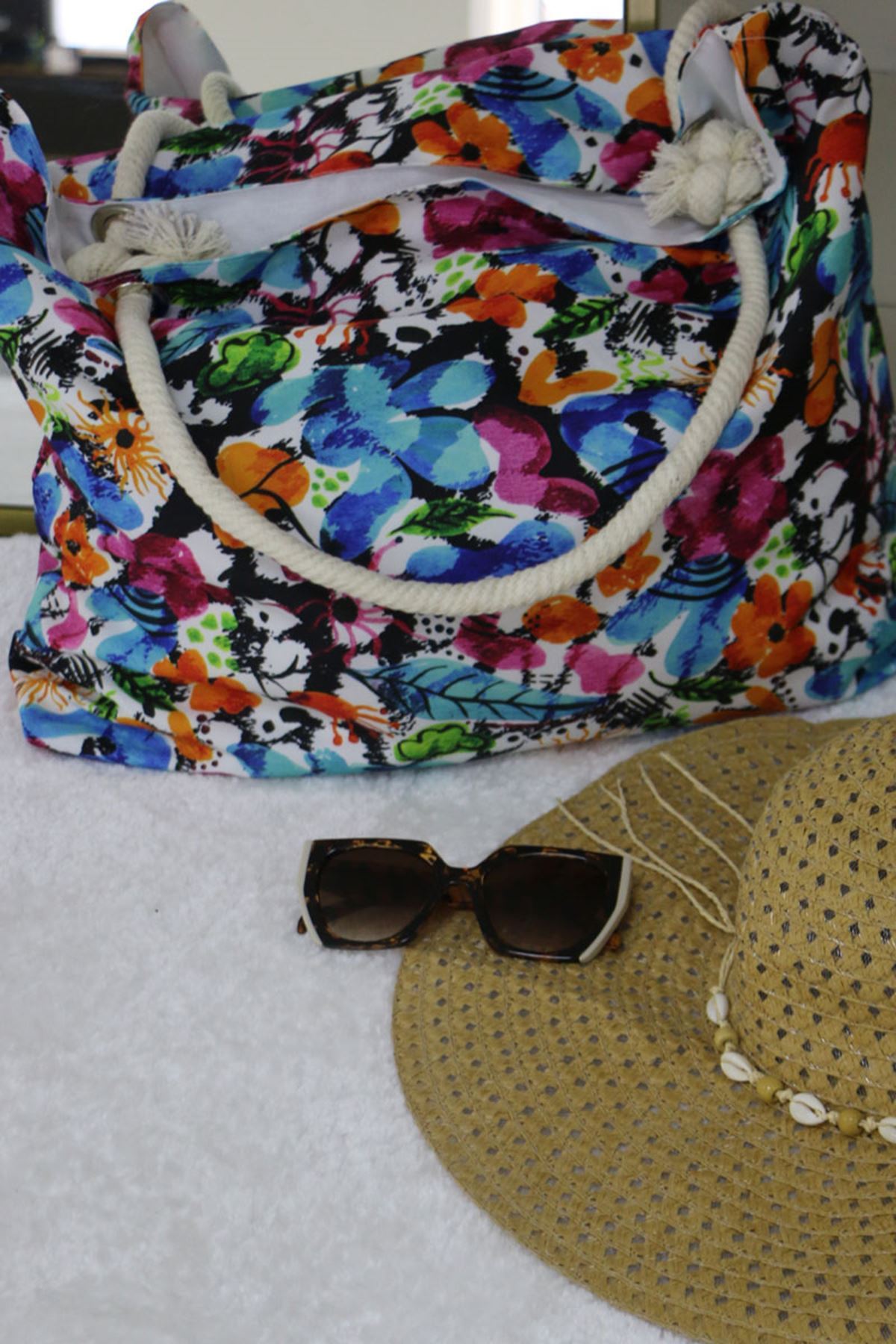 102 Büyük Plaj Çantası - Karışık Desen Mavi