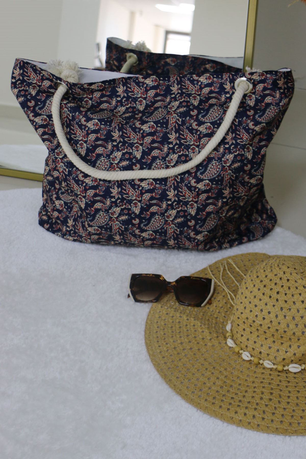 102 Büyük Plaj Çantası -  Etnik Desen Lacivert