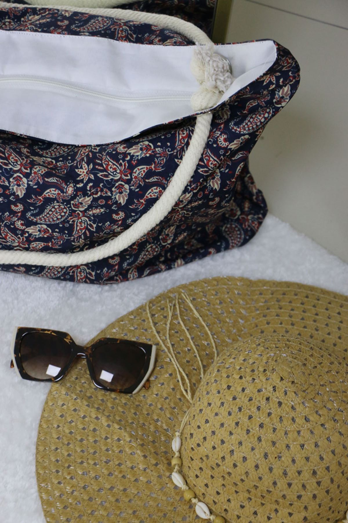 102 Büyük Plaj Çantası -  Etnik Desen Lacivert