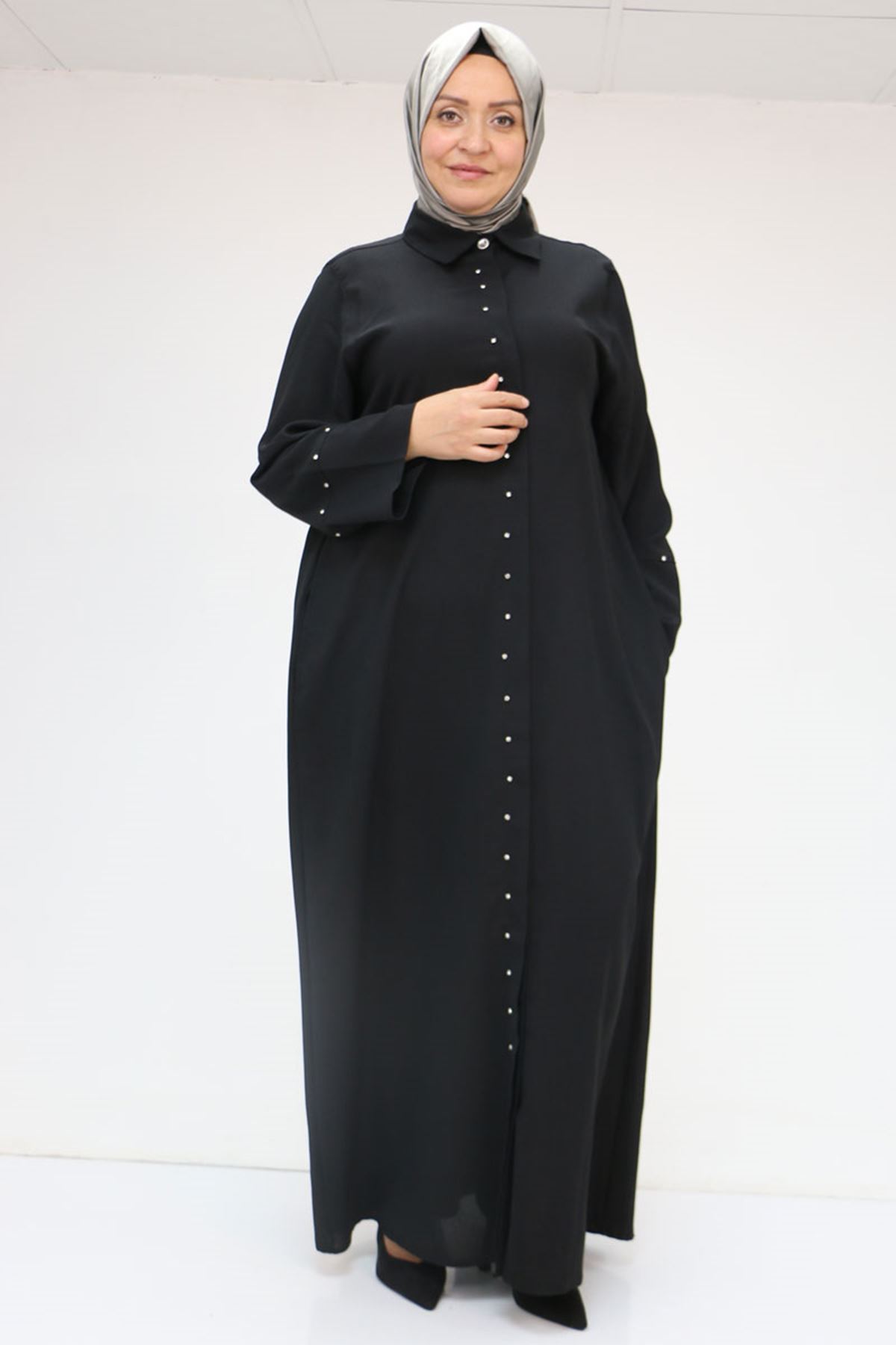 56012 Büyük Beden Kol Garnili Etamin Abaya Ferace - Siyah