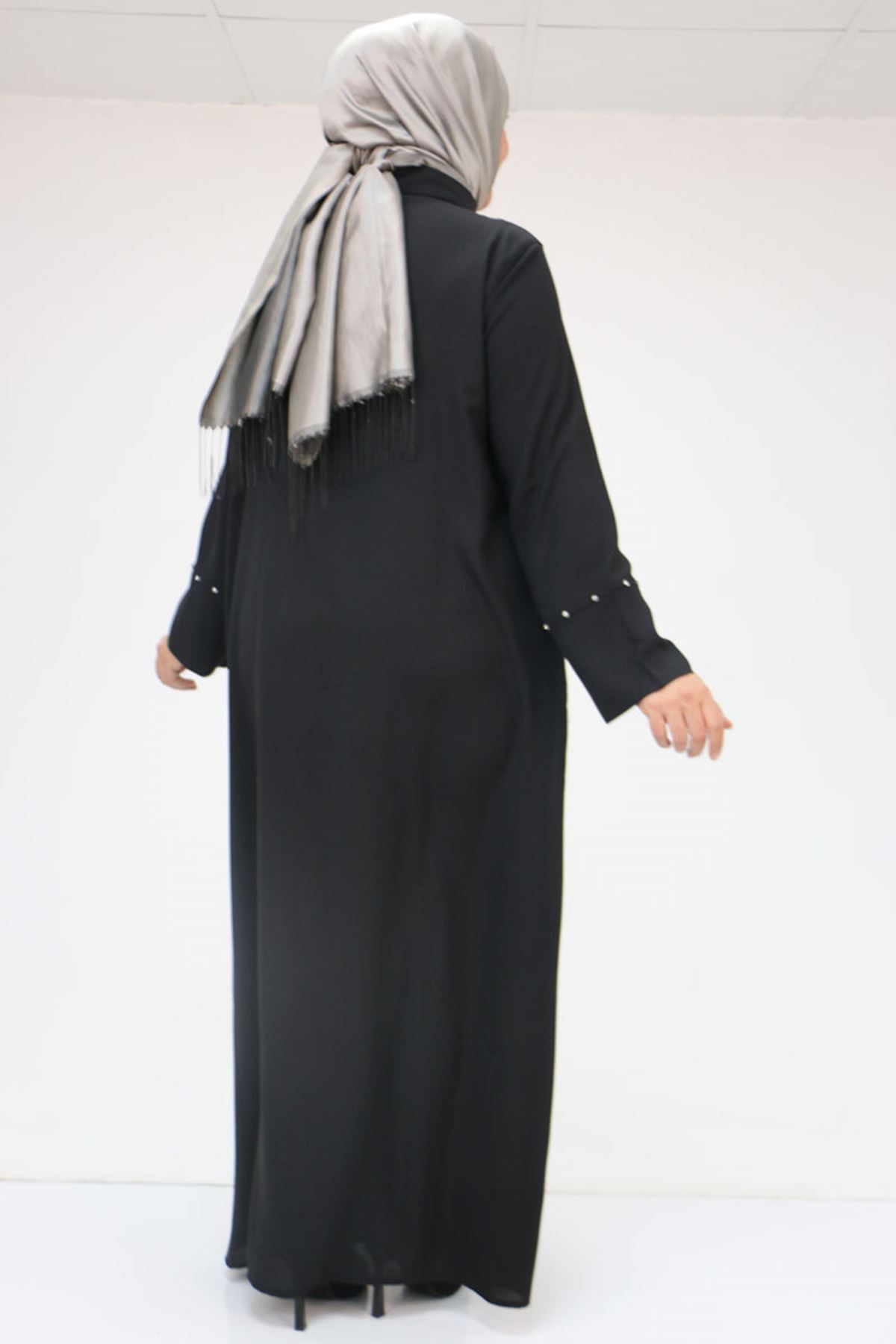 56012 Büyük Beden Kol Garnili Etamin Abaya Ferace - Siyah
