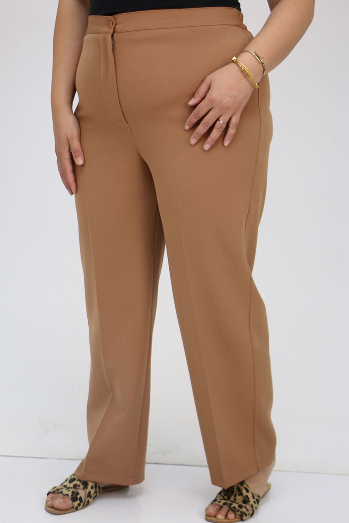 59010 Büyük Beden Beli Düğmeli Double Pantolon - Taba