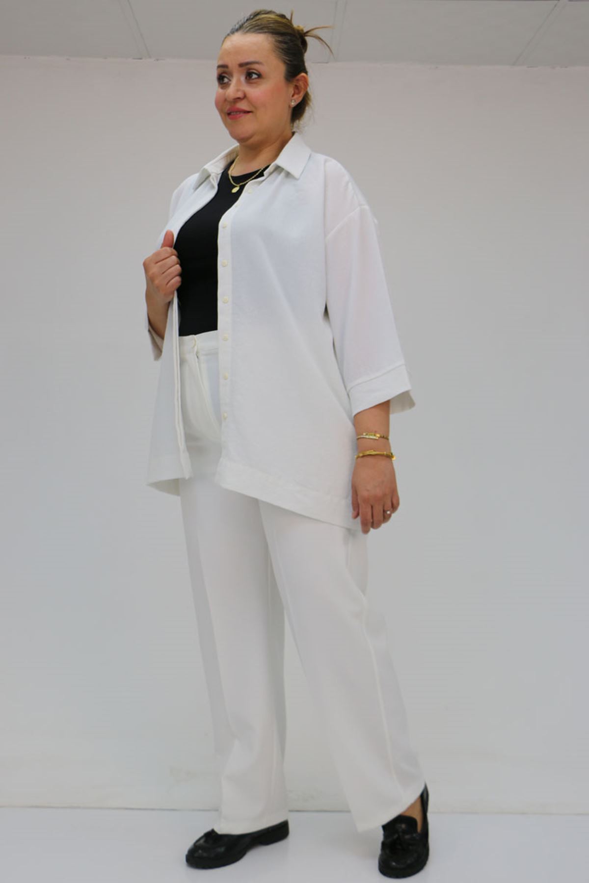 59010 Büyük Beden Beli Düğmeli Double Pantolon - Ekru