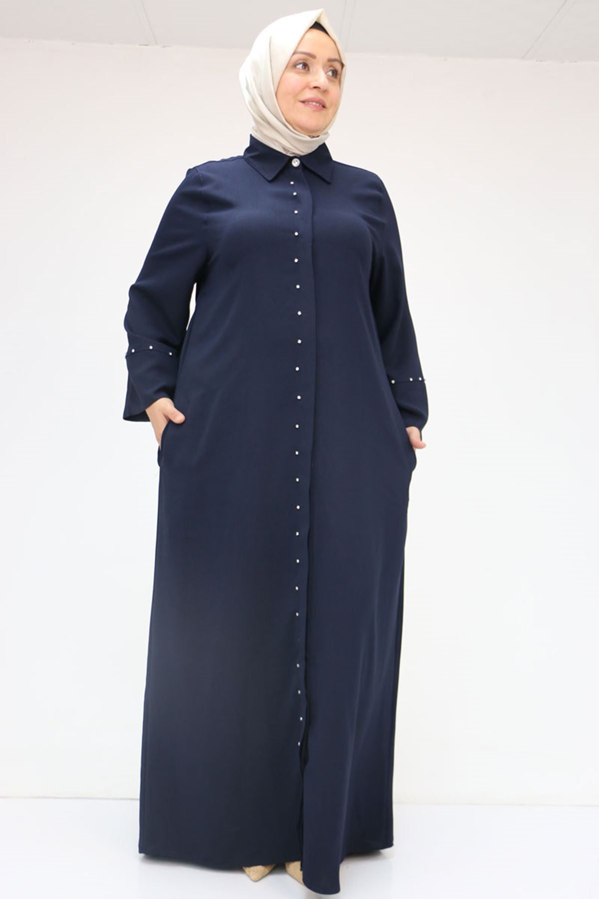 56012 Büyük Beden Kol Garnili Etamin Abaya Ferace - Lacivert