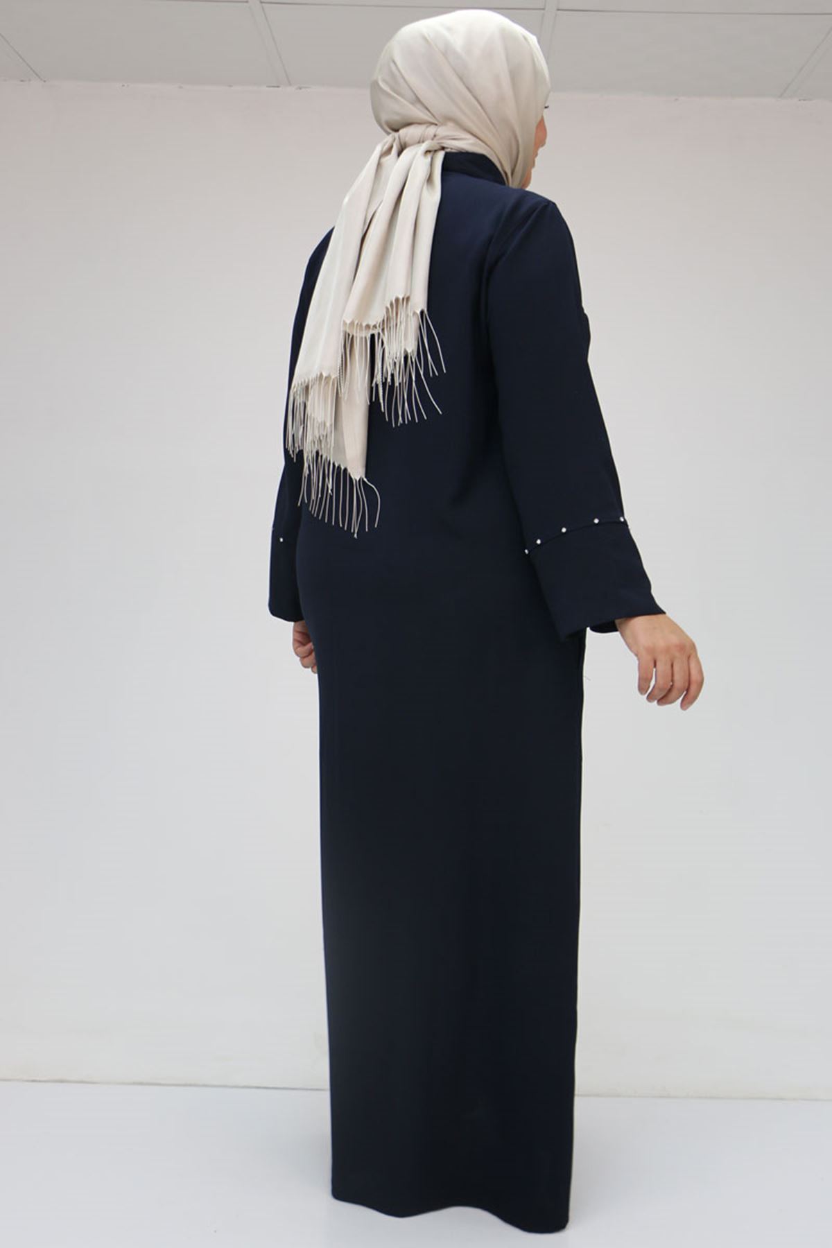 56012 Büyük Beden Kol Garnili Etamin Abaya Ferace - Lacivert