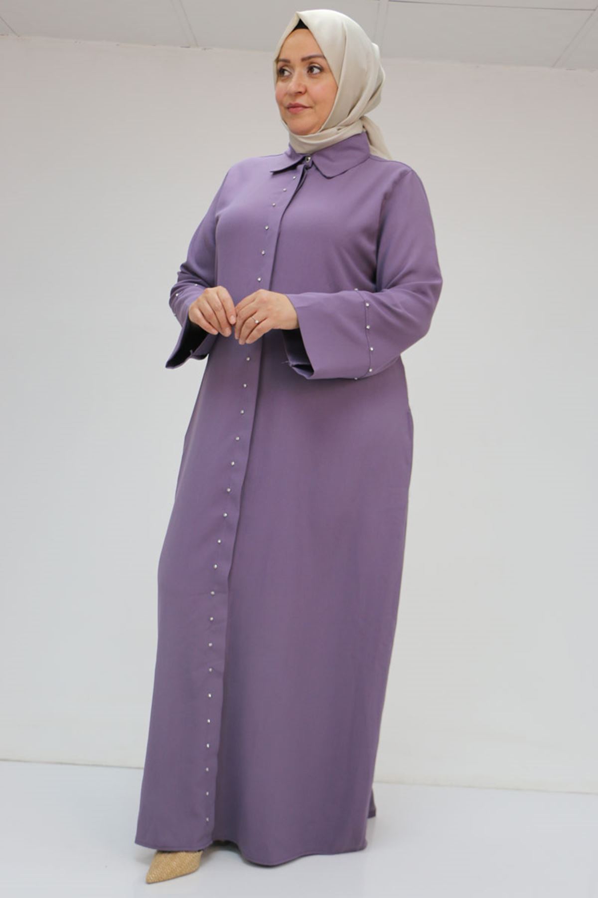 56012 Büyük Beden Kol Garnili Etamin Abaya Ferace - Lila