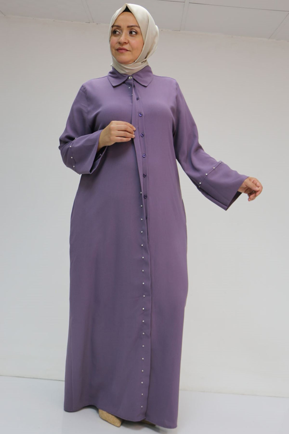 56012 Büyük Beden Kol Garnili Etamin Abaya Ferace - Lila